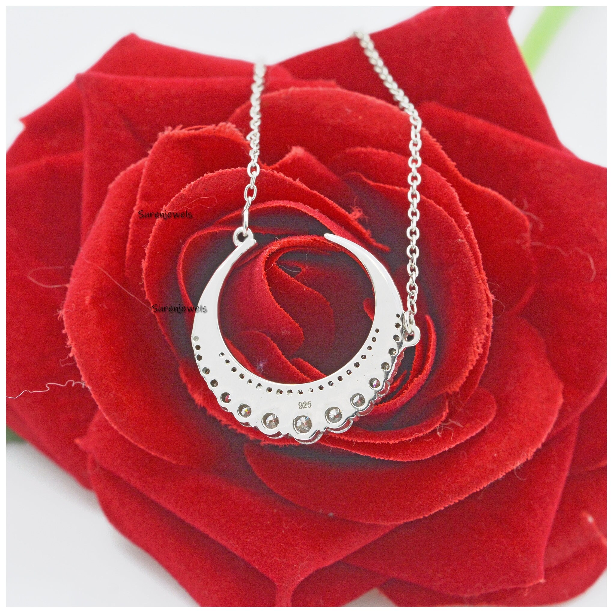 925 Silver Moissanite Crescent Moon Pendant Necklace (30mm) - View 2 - Suren Jewels | SKU: SJN677-SLWGMN-16I