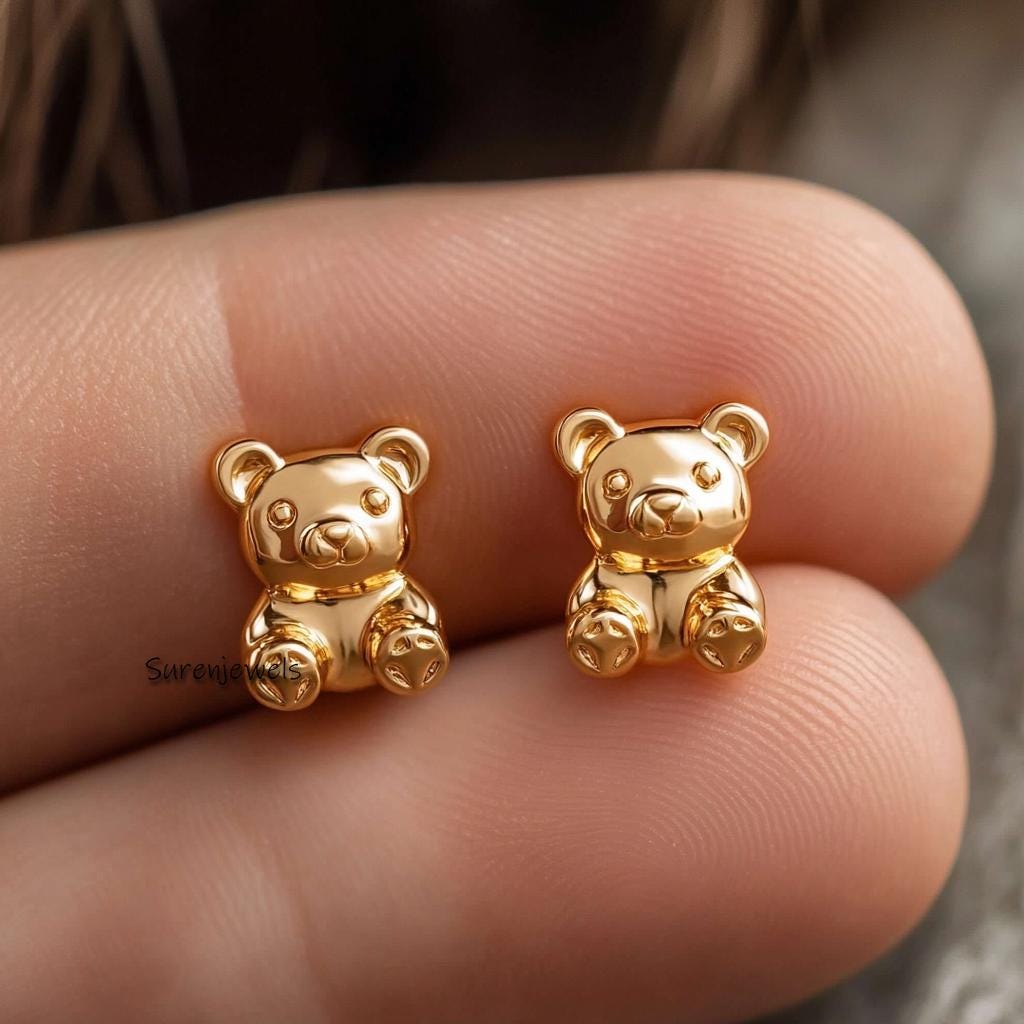 14K Gold Teddy Bear Stud Earrings: Tiny Flat Design - Suren Jewels | SKU: SJE1715-SLYG-10M