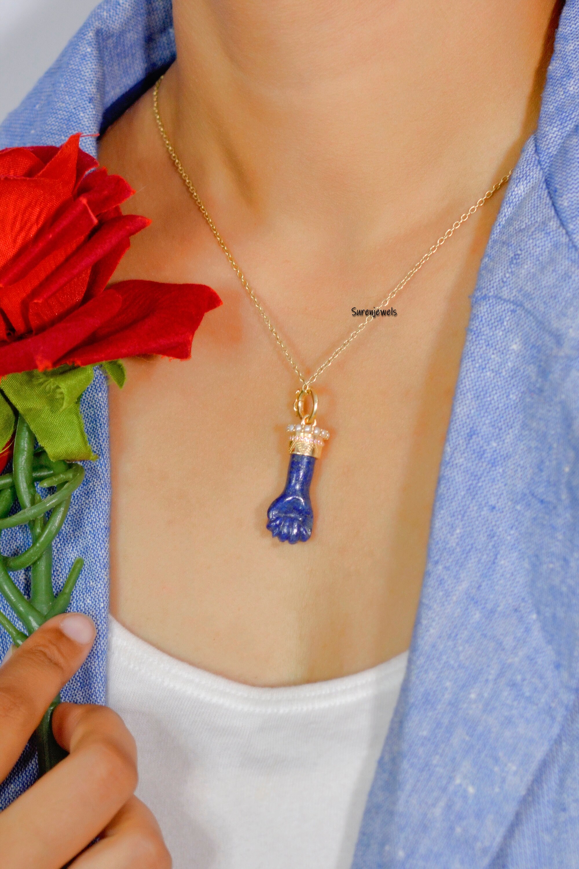 14k Gold hand Carved Gemstone Figa Hand Pendant jewelry - View 5 - Suren Jewels | SKU: SJP1104-SLYGLPZPLCZP-25M