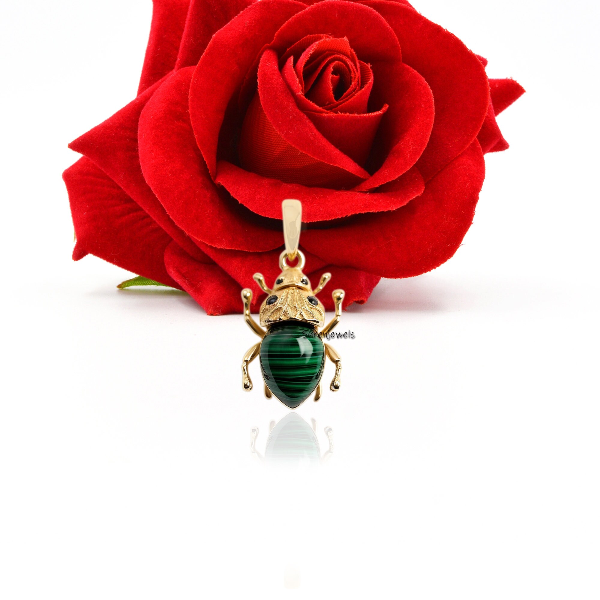 925 Silver Scarab Pendant: Hand Carved Gemstone Amulet - View 5 - Suren Jewels | SKU: SJP2878-SLNSMKCZ