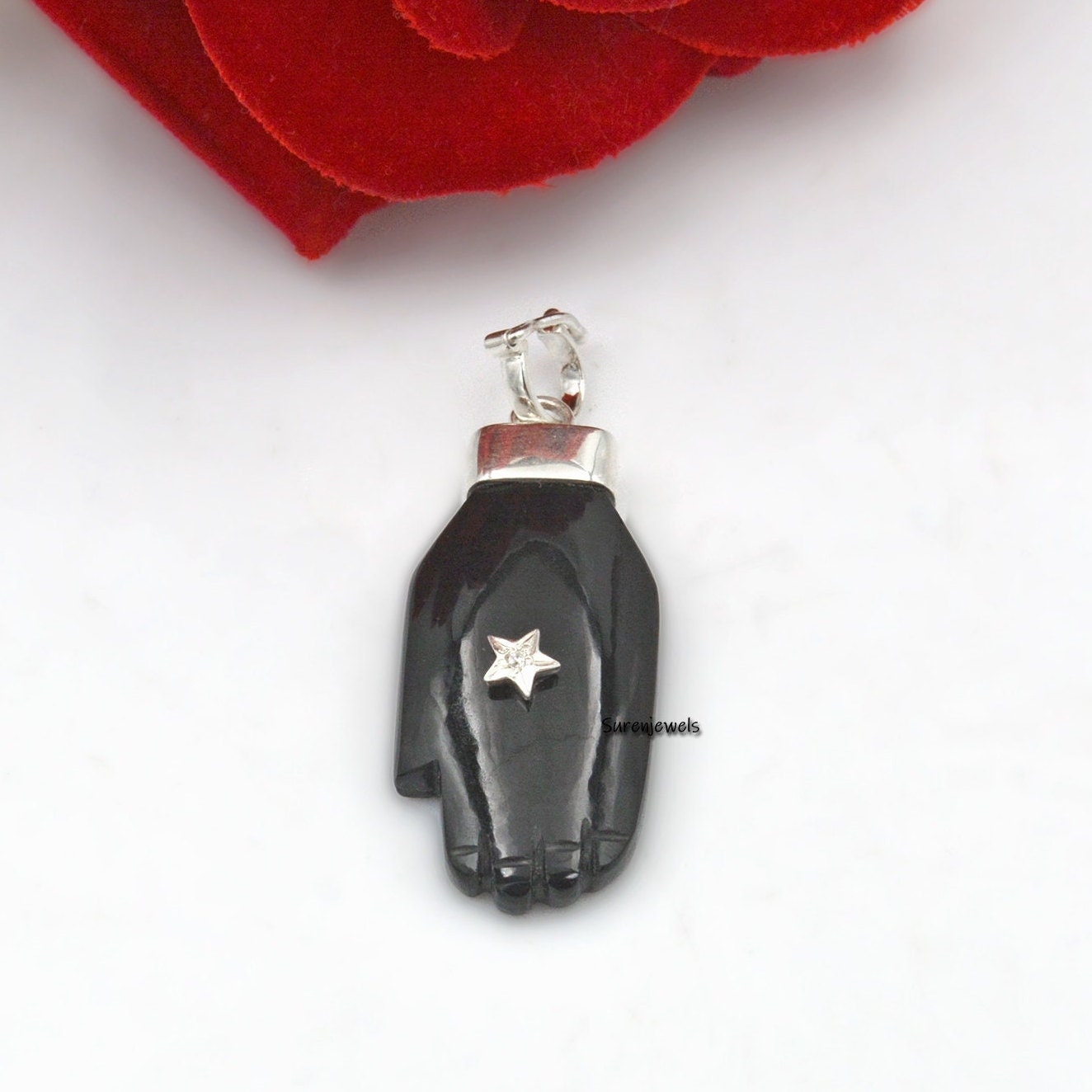 14K Gold Turquoise Figa Hand Pendant: Gemstone Hamsa Charm - View 6 - Suren Jewels | SKU: SJP1059-SLNSBOWT-25M
