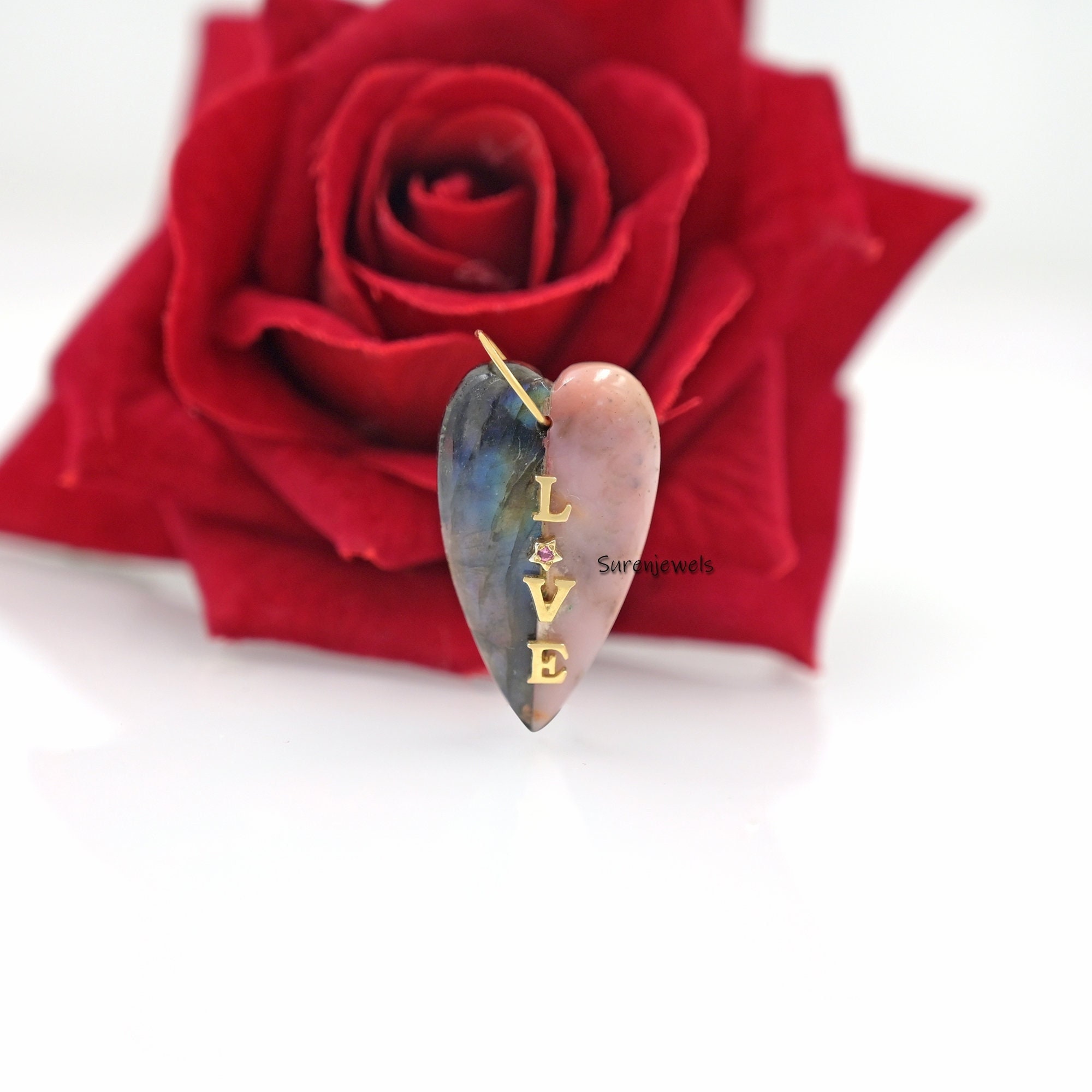 14k Gold Gemstone Heart Letter pendant: Coral & Crystal Love Pendant - View 4 - Suren Jewels | SKU: SJP1619-