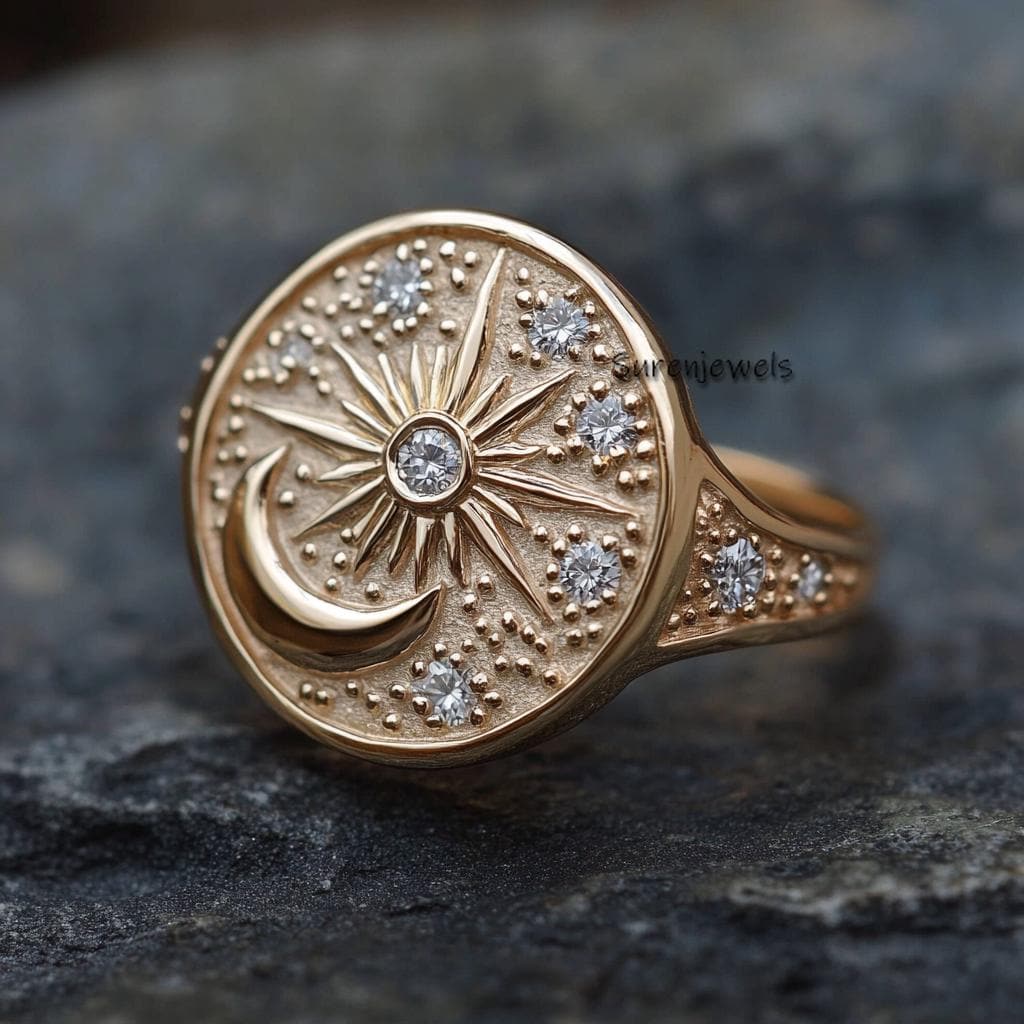 14K Gold Celestial Moon Star Signet Ring: Diamond Accent - View 2 - Suren Jewels | SKU: SJR3151-,SJR