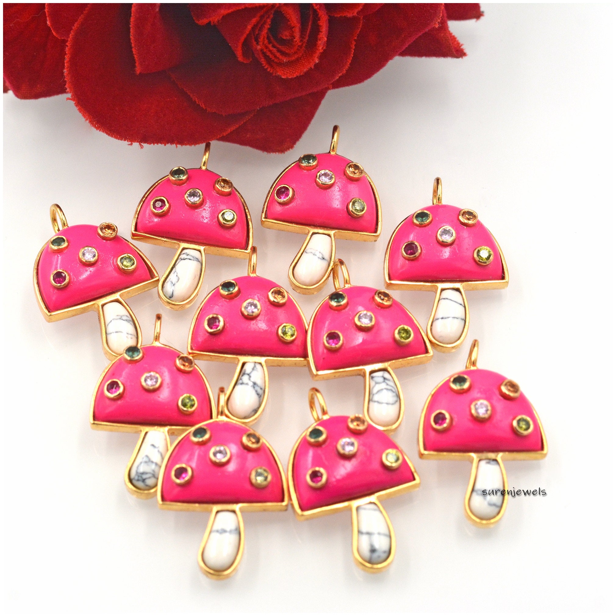 14K Gold Gemstone Mushroom Pendant: Handmade Designer Charm - Suren Jewels | SKU: SJP797-9KYGCRMSWT