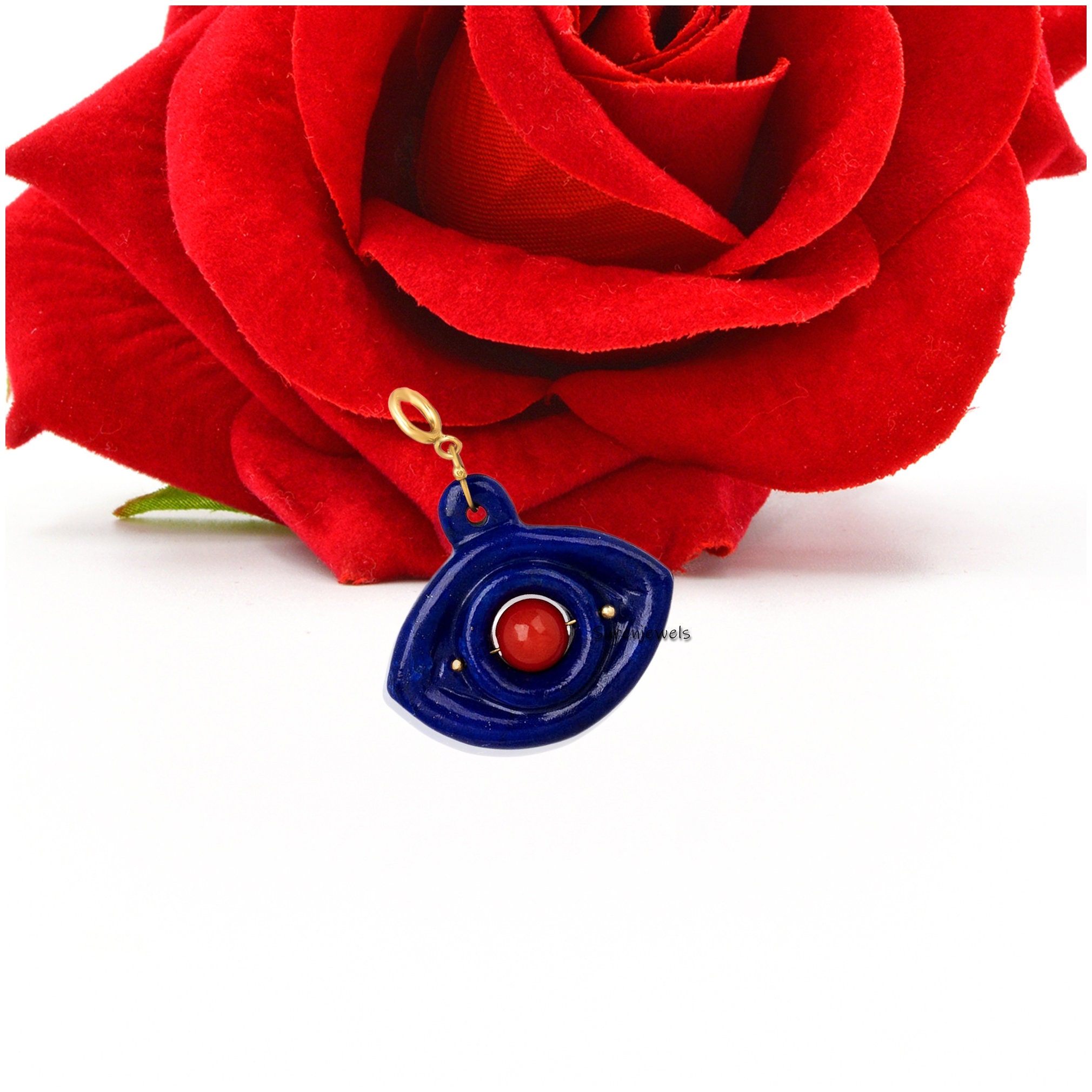 Hand Carved 14k Gold Gemstone Evil Eye Pendant - View 7 - Suren Jewels | SKU: SJP1477-14KYGLPZCR