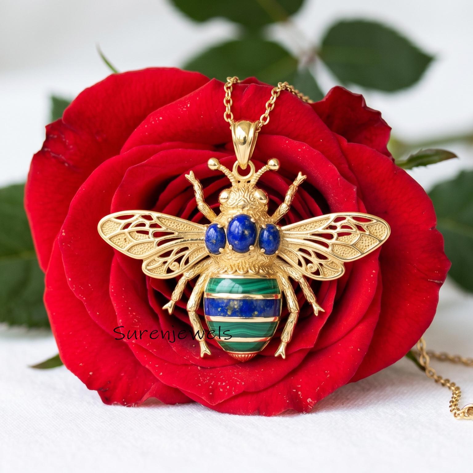 14k Solid Gemstone Bee Pendant, Dainty Honey Bee, Opal Bee Pendant, Gemstone Queen Bee Bug Pendant, Gemstone Bee Pendant - Vi