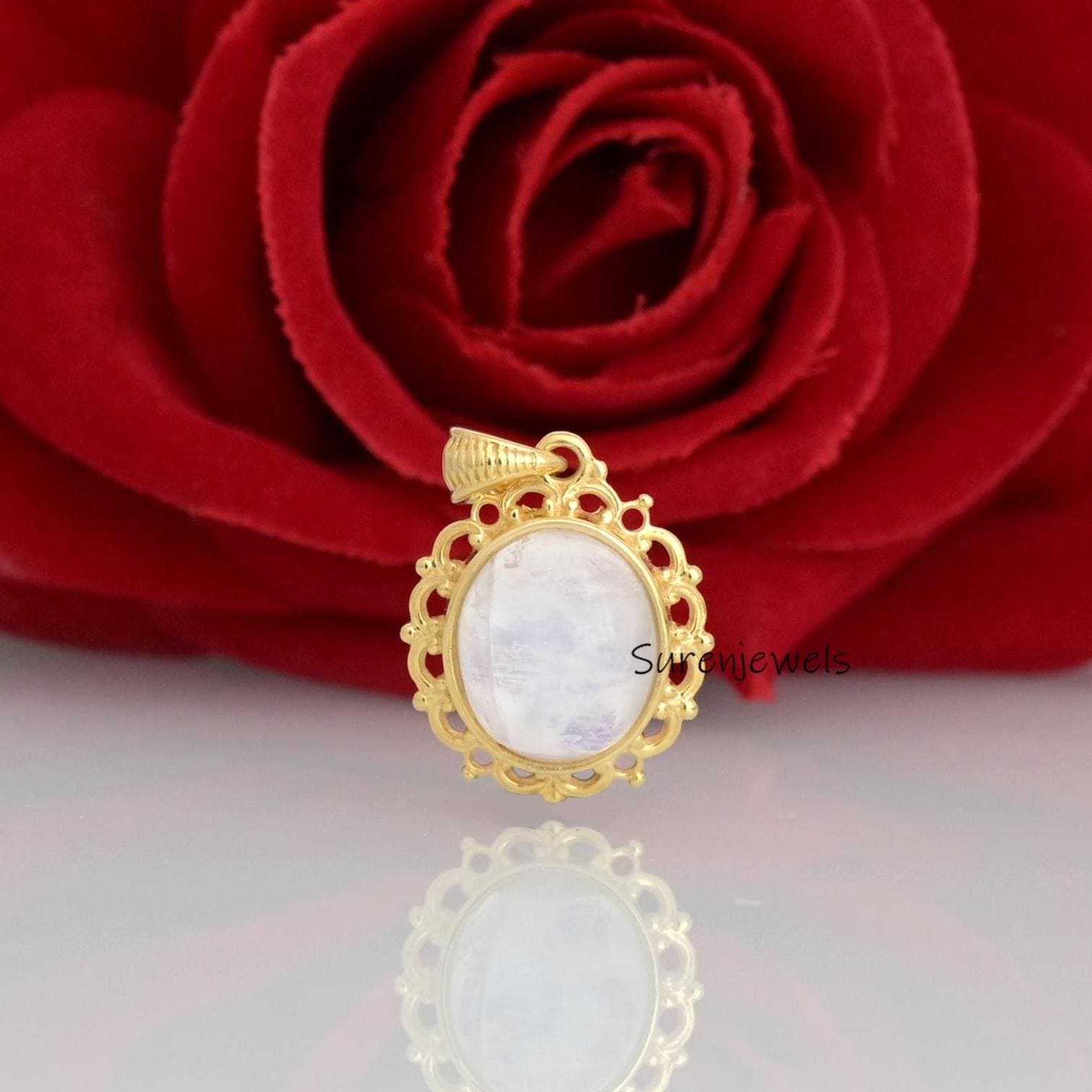 14k Gold Moonstone Oval Pendant - Gemstone Filigree Design - View 2 - Suren Jewels | SKU: SJP3417-SLYGMS-25M
