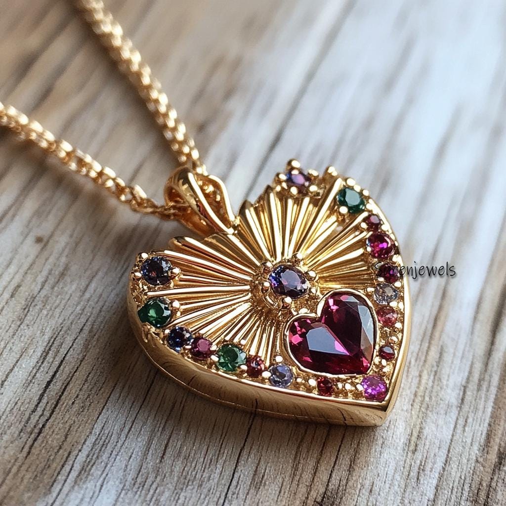 14K Gold Fluted Heart Pendant: Multi Gemstone Sunburst Design - View 3 - Suren Jewels | SKU: SJP4459-SLYGMG-25M,SJP4729-SLYGR