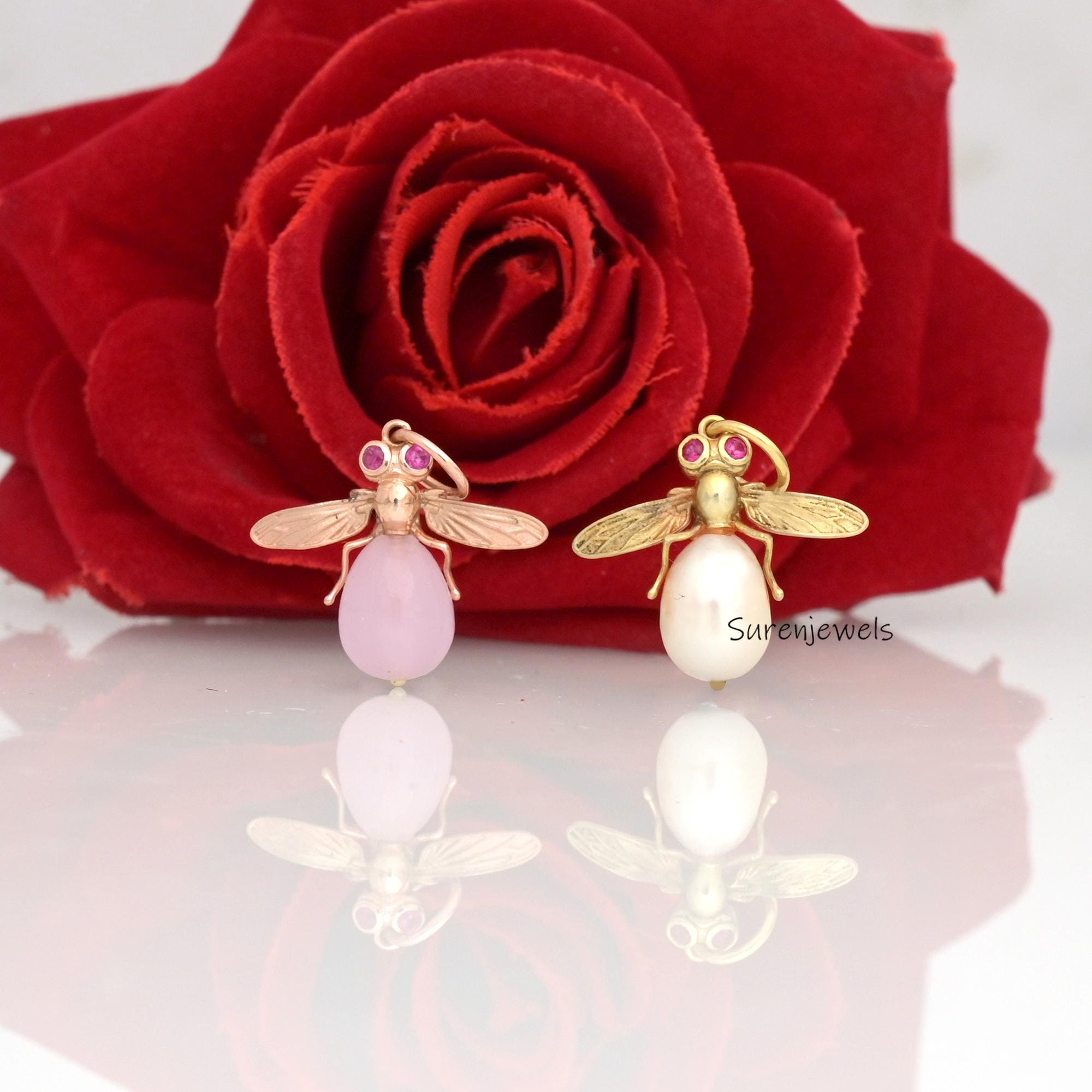 Hand Carved Pearl Bee Charm: 925 Silver Gemstone Pendant - View 3 - Suren Jewels | SKU: SJP3615-SLRGRQRUCZ-25M