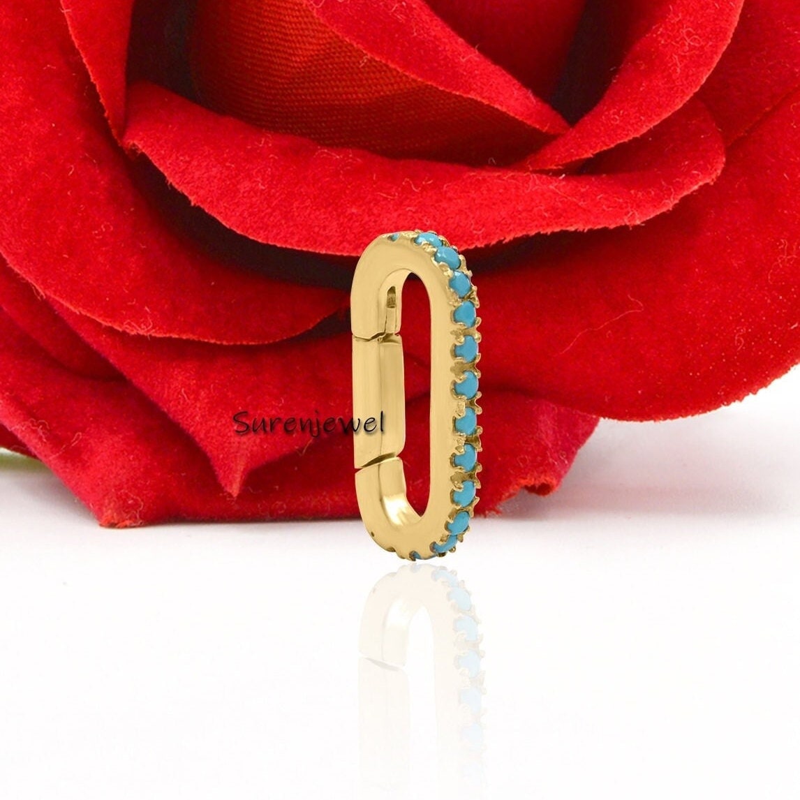 14k Gold Turquoise Charm Holder: Gemstone Clasp Lock - View 2 - Suren Jewels | SKU: SJP858-SLYGTQ