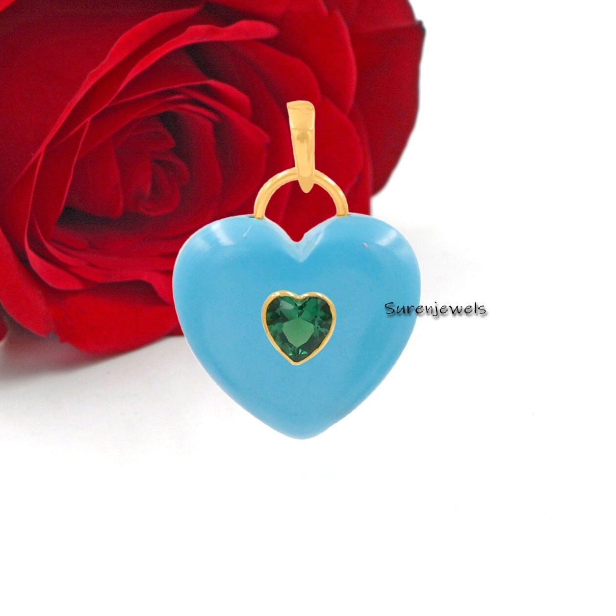 14K Gold Gemstone Heart Pendant padlock: Silver Designer Heart (35 MM) - View 5 - Suren Jewels | SKU: SJP4163-SLYGWAPCZ-35M