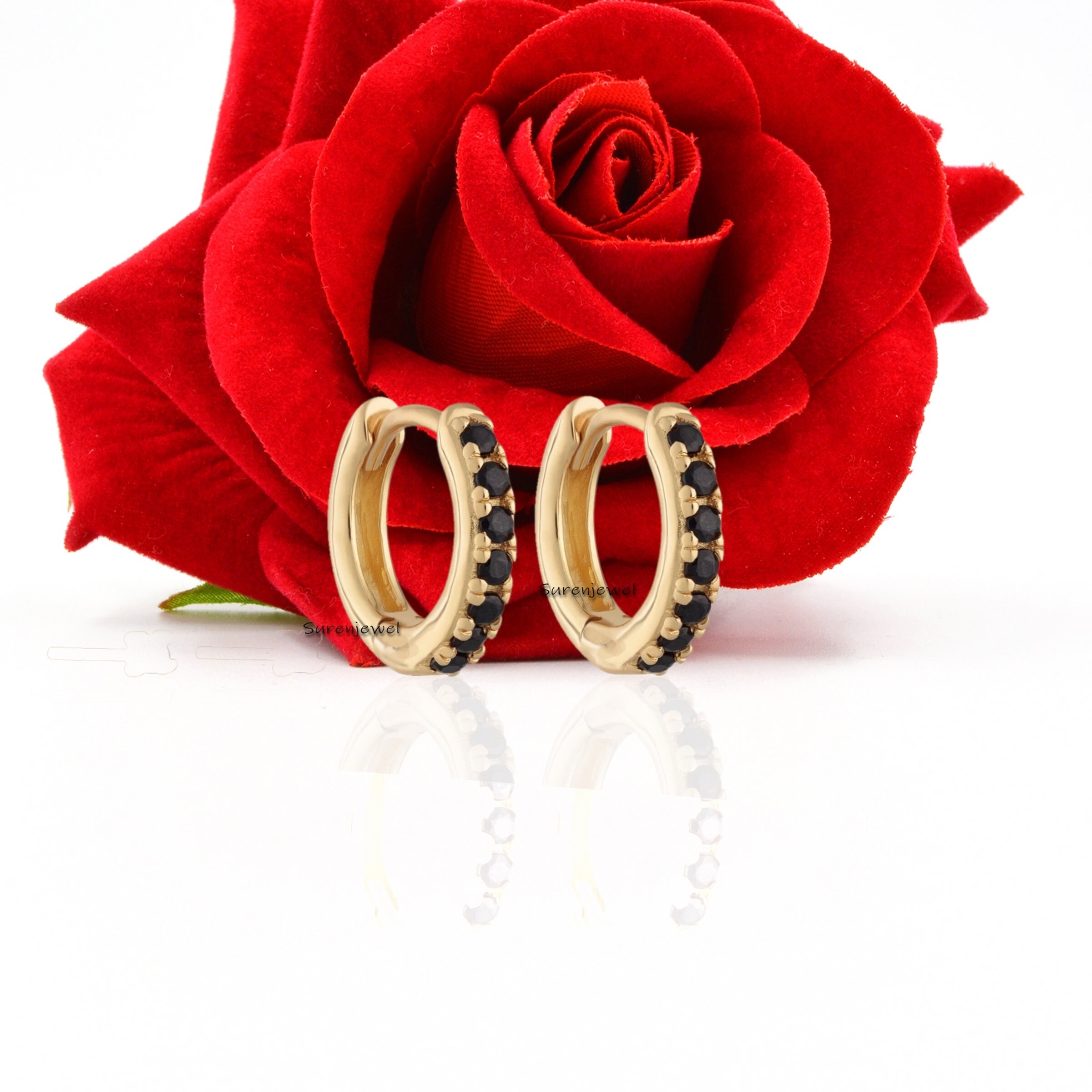 14k Solid Gold Turquoise Huggie Earrings: Handmade Hoop Pair - View 6 - Suren Jewels | SKU: SJE1005-SLYGYQ-10M
