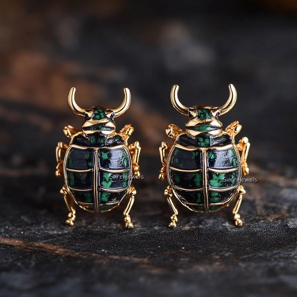 14K Gold Scarab Studs: Hand Carved Egyptian Beetle Earrings - Suren Jewels | SKU: SJE1785-SLYGMK-12M,SJE1841-SLRGLB-12M,SJE17
