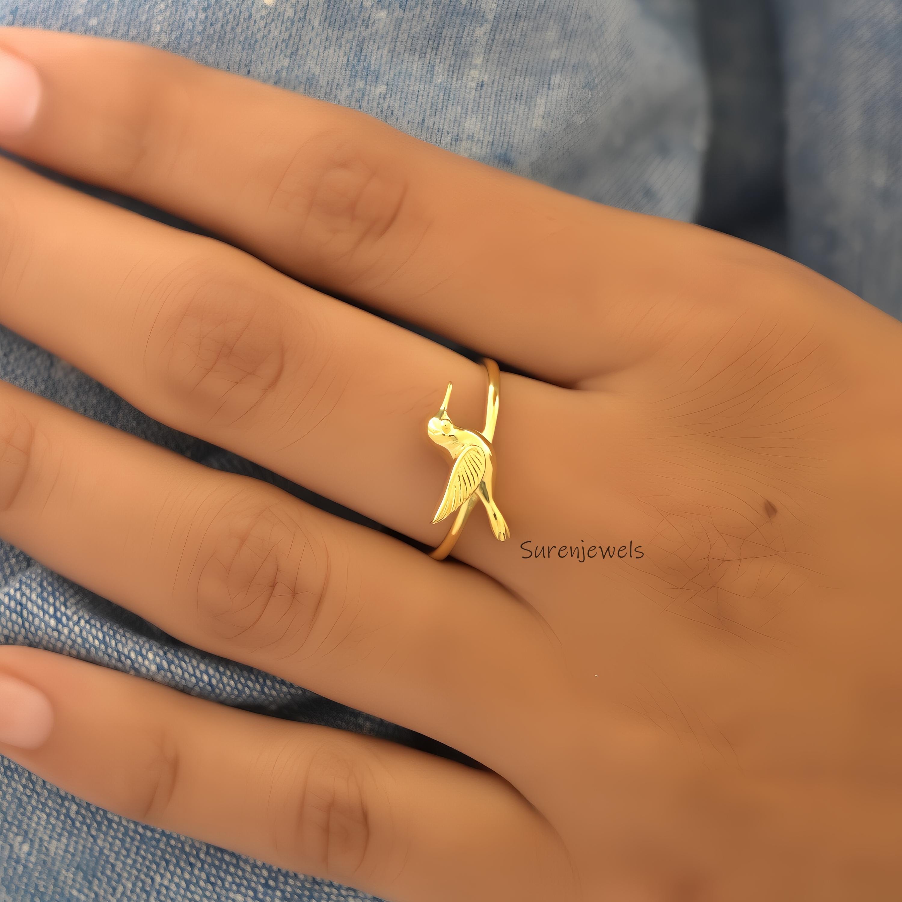 14k Gold Hummingbird Ring, Dainty Bird Ring - View 7 - Suren Jewels | SKU: SJR3150-SLRH-US-3,SJR2978-SLYG-US-7.5
