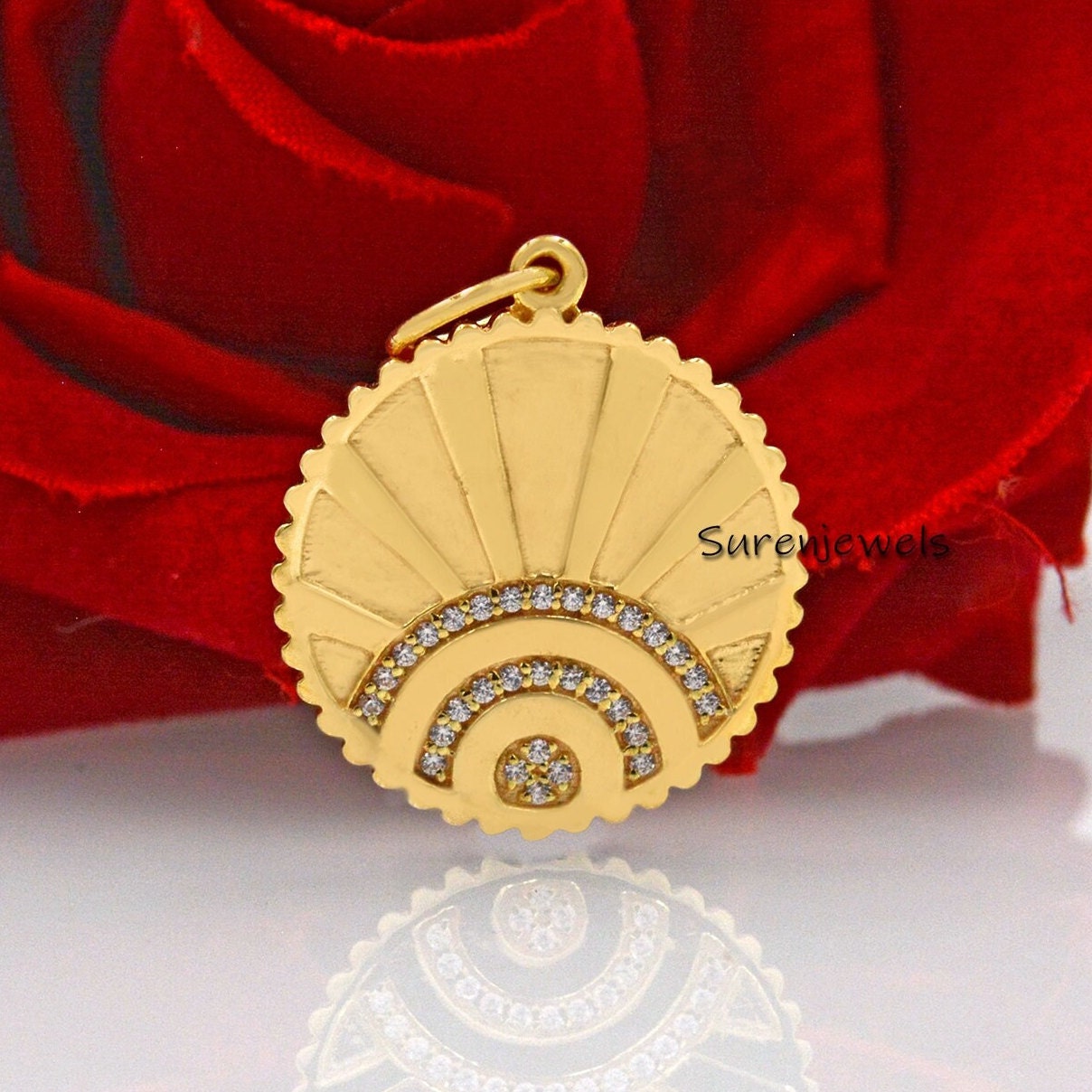 14K Gold Diamond Sunrise Pendant: Fluted Medallion Charm - View 2 - Suren Jewels | SKU: SJP1603