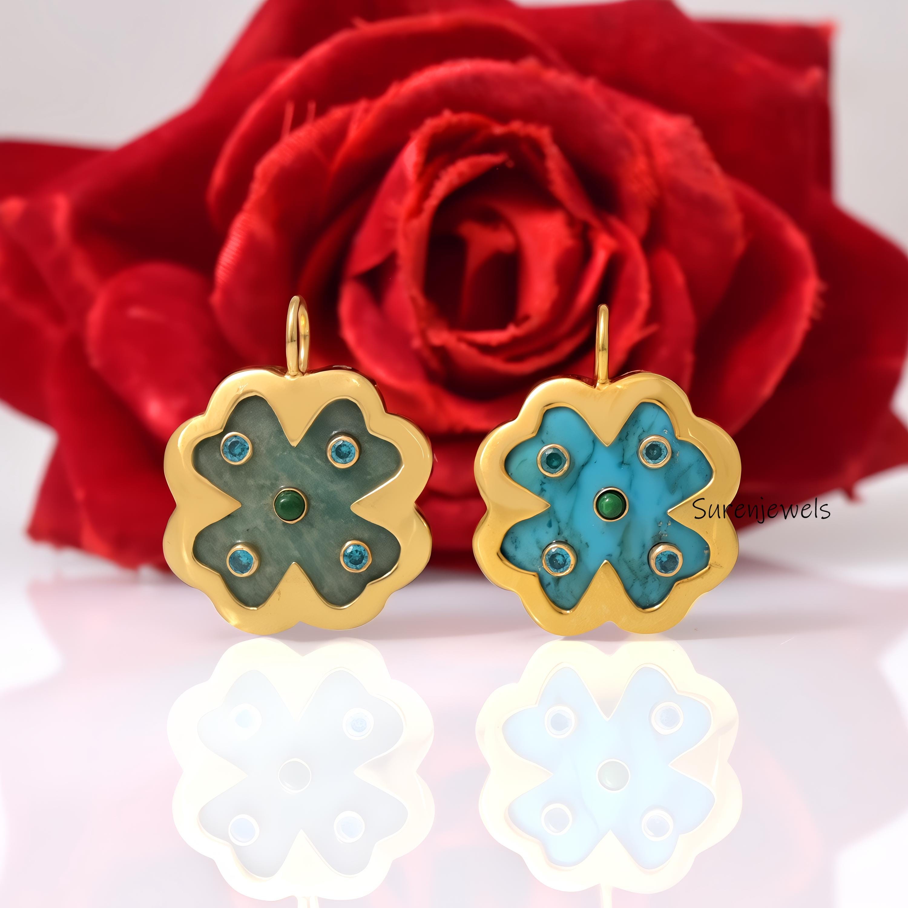 14K Gold Gemstone Clover Pendant: Four Leaf Clover Jewelry - View 3 - Suren Jewels | SKU: SJP1688