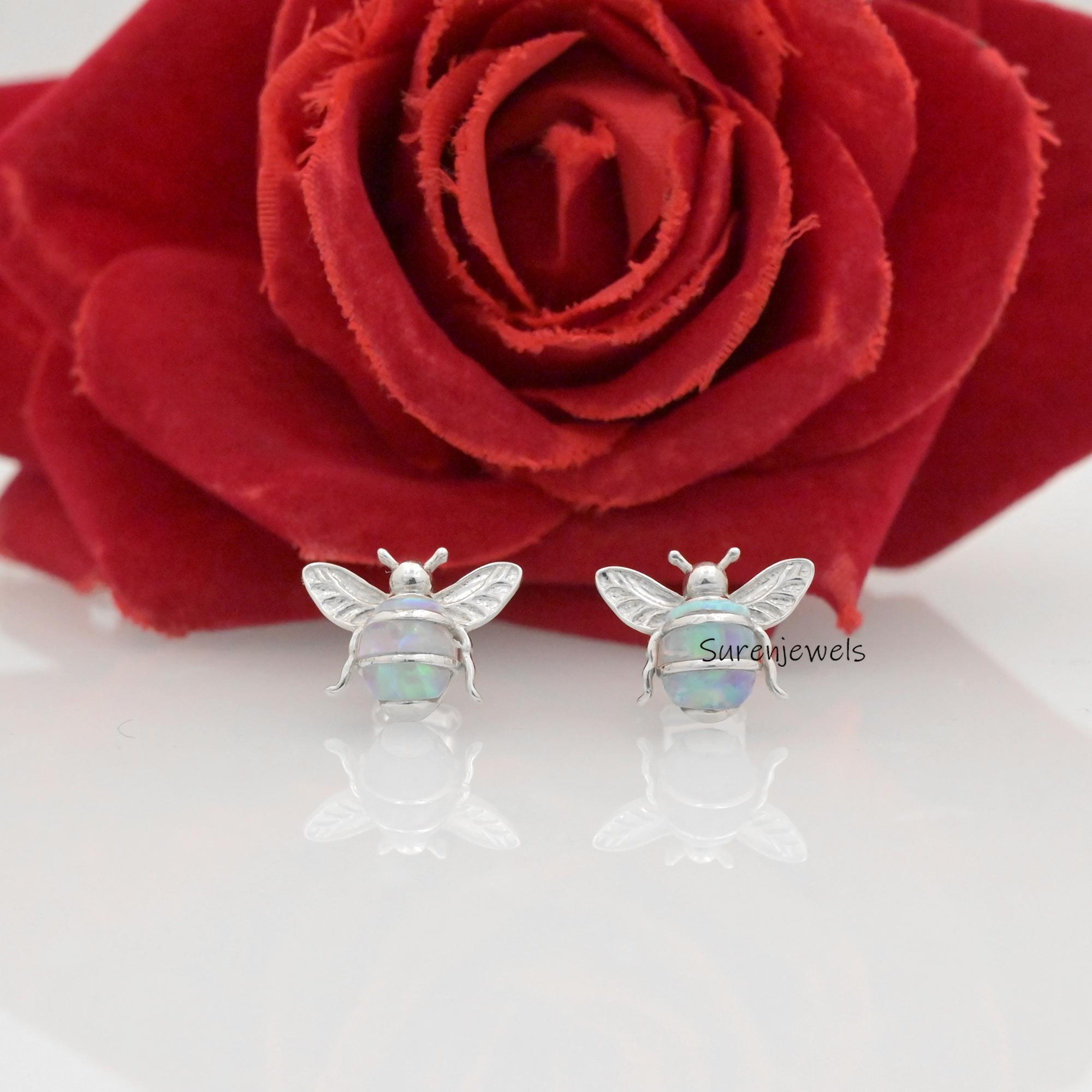 14K Gold Honey Bee Stud Earrings: Dainty Bumble Bee Jewelry - View 5 - Suren Jewels | SKU: SJE1756-SLYGEOP-12M,SJE1753-SLYGLP