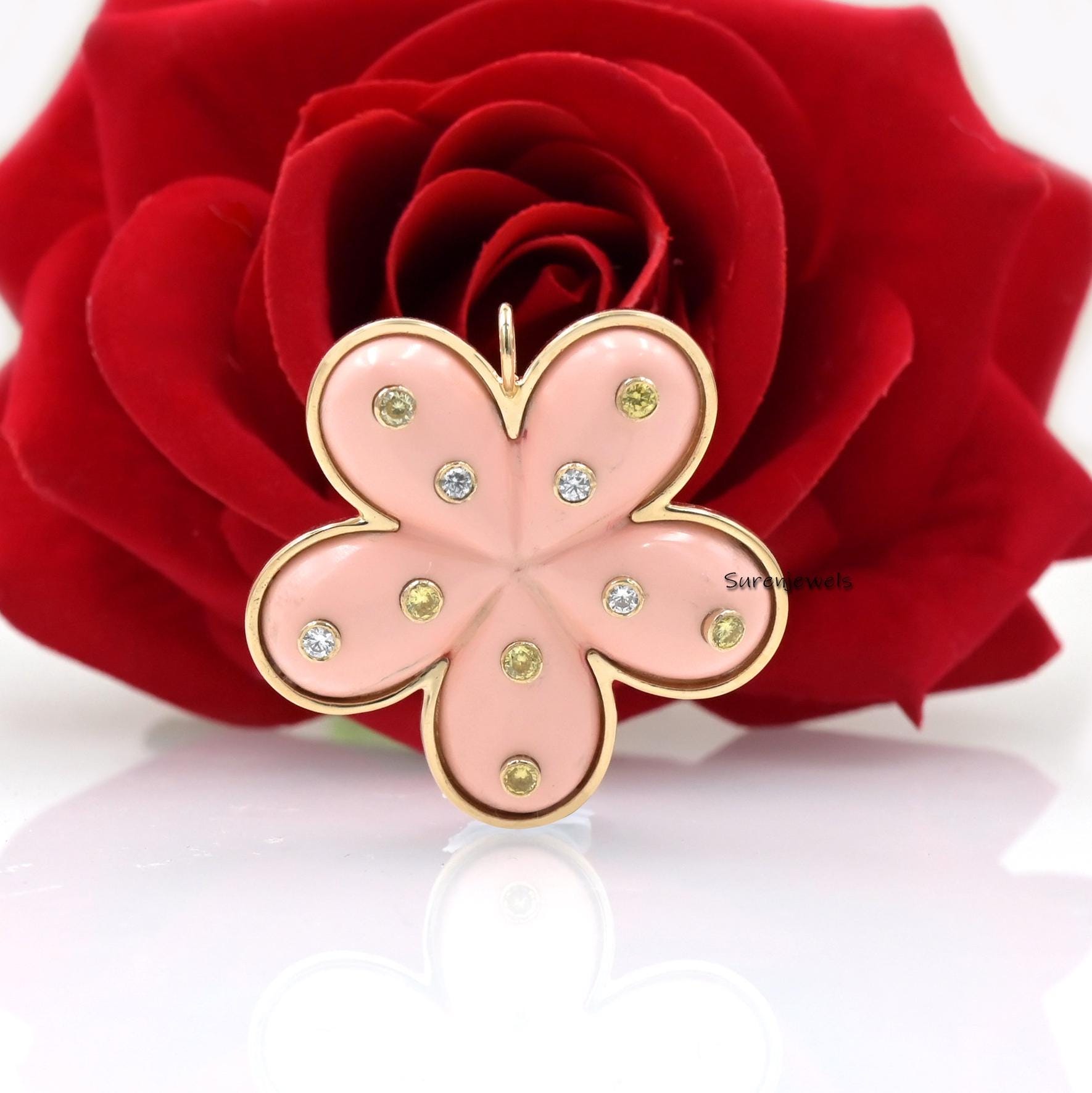 14K Gold Flower Pendant: Hand Carved Gemstone Summer Jewelry - Suren Jewels | SKU: SJP1436-SLYGPOPMTCS-40M