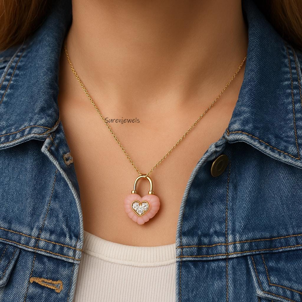 14k Gold Heart Padlock Pendant, Carved Gemstone Charm - View 5 - Suren Jewels | SKU: SJP4785-SLYGLBCZ-25M