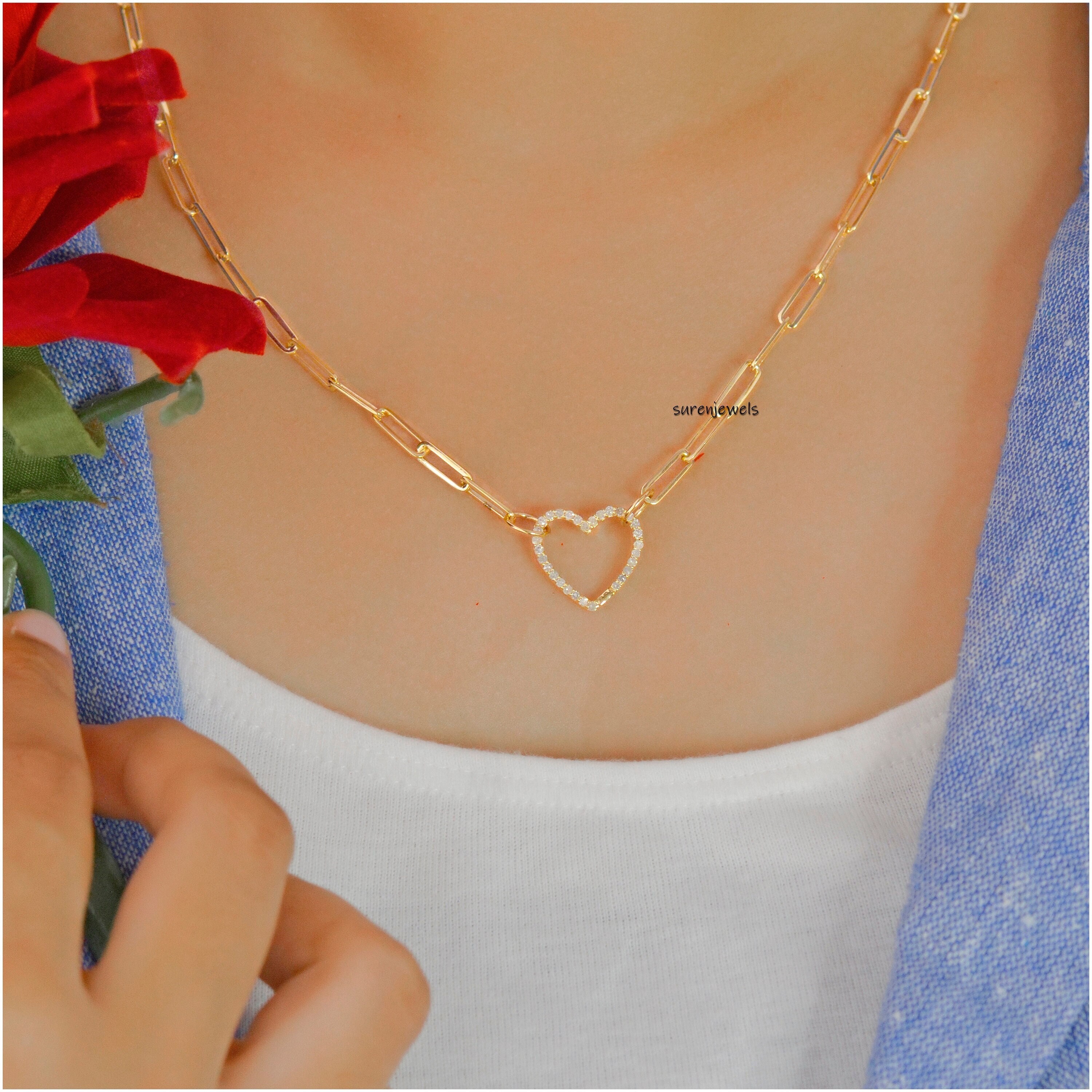 Diamond Heart 14K Gold Charm Enhancer: Thick Link Pendant (15mm) - Suren Jewels | SKU: SJP536-14KYGDI-N47-18I