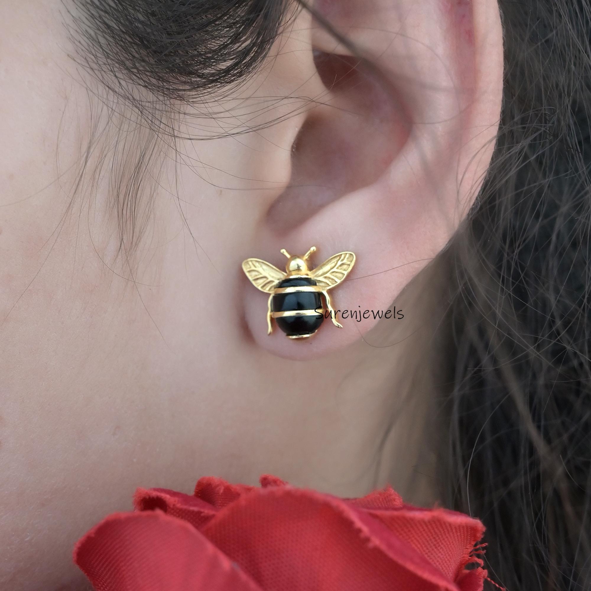 14K Gold Honey Bee Stud Earrings: Dainty Bumble Bee Jewelry - View 7 - Suren Jewels | SKU: SJE1756-SLYGEOP-12M,SJE1753-SLYGLP