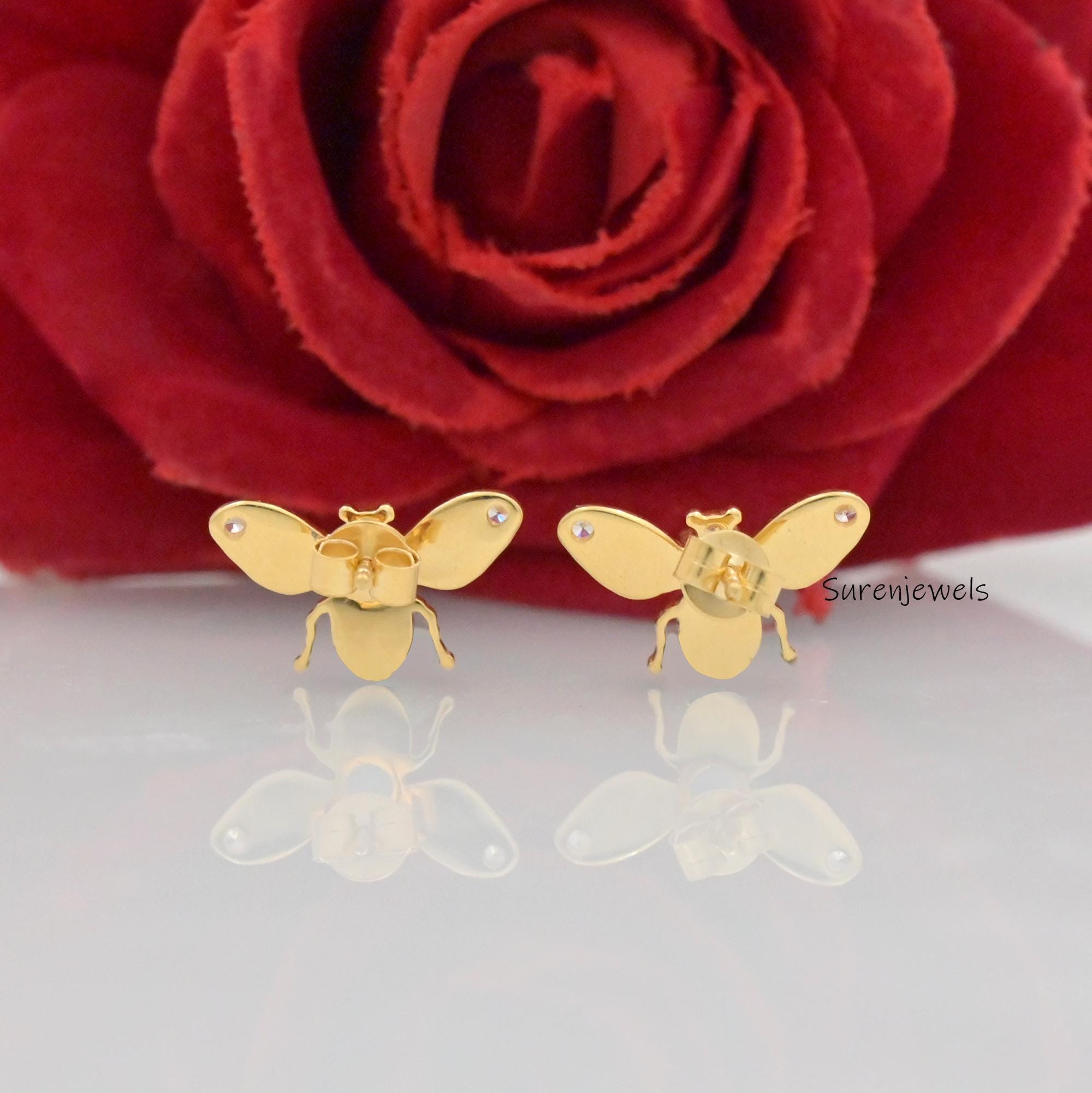 14K Gold Honey Bee Stud Earrings: Gemstone Bumble Bee Jewelry - View 7 - Suren Jewels | SKU: SJE1795-SLRGTE-12M,SJE1775-SLYGE