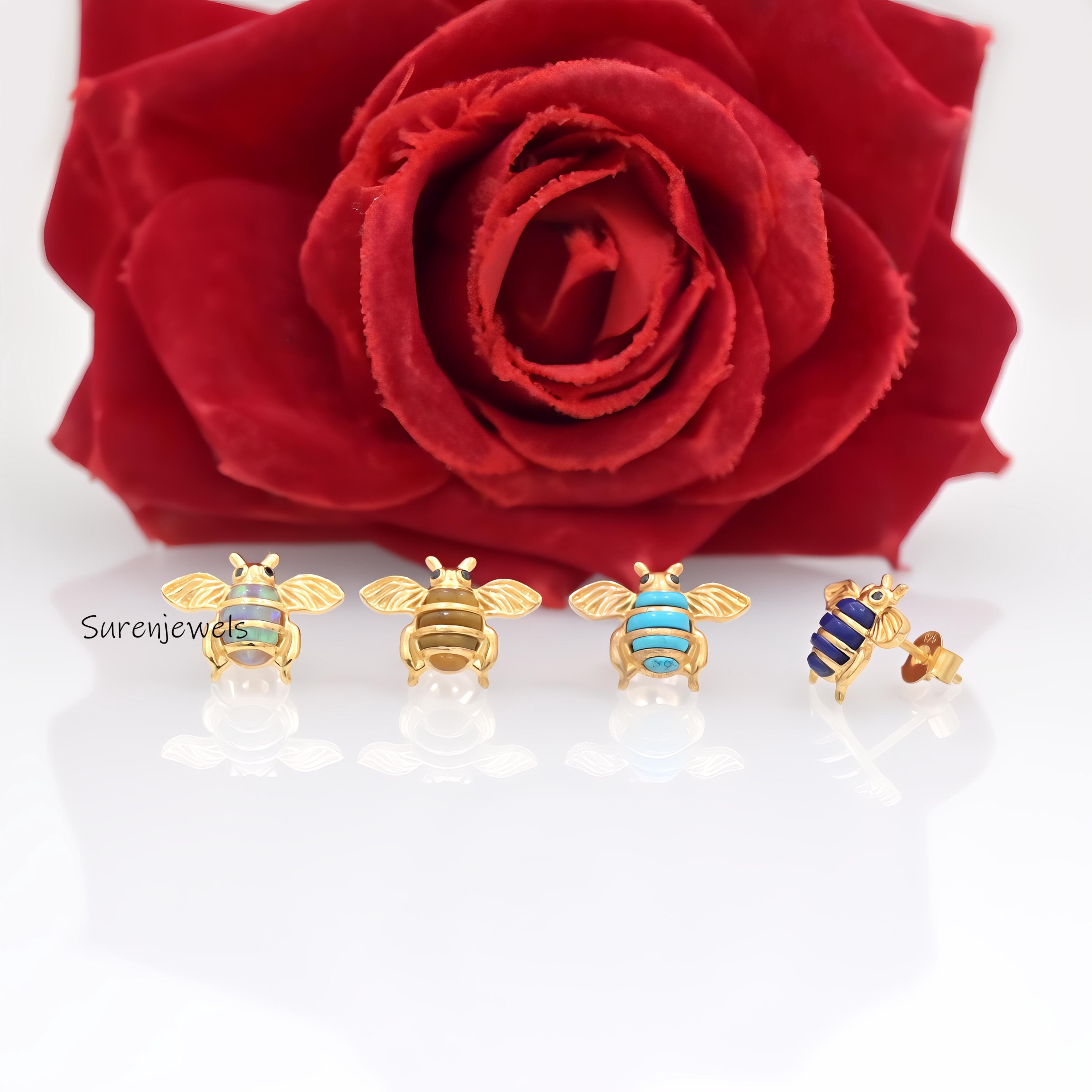 14K Gold Honey Bee Stud Earrings: Gemstone Bumble Bee Jewelry - View 2 - Suren Jewels | SKU: SJE1795-SLRGTE-12M,SJE1775-SLYGE