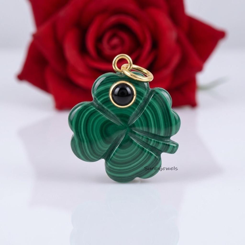 Malachite Clover Pendant, Natural Green Malachite Four Leaf Clover Charm, Lucky Clover Necklace Charm, Gemstone Pendant for N