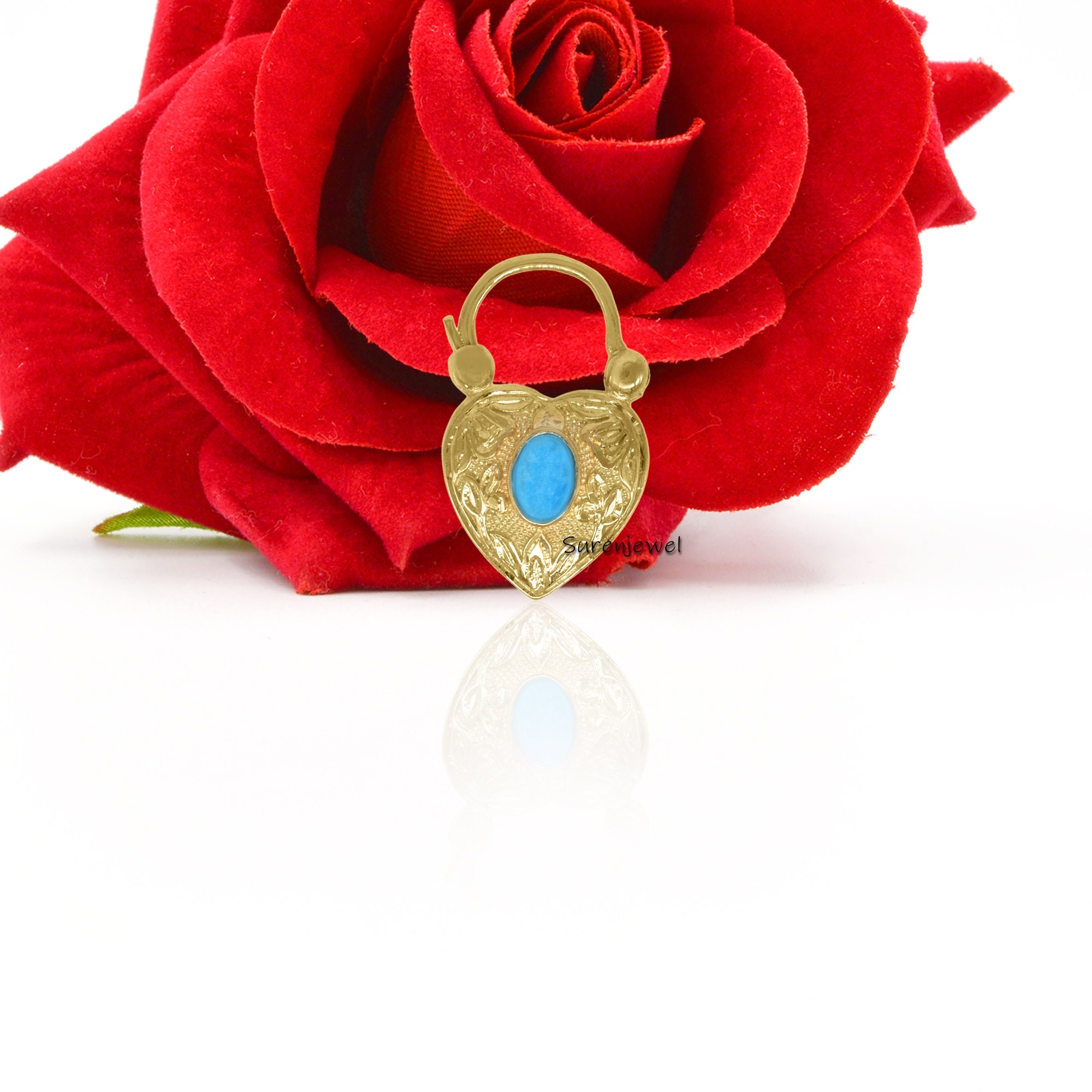 14k Gold Turquoise Heart Padlock: Dainty Gemstone Pendant - View 6 - Suren Jewels | SKU: SJP92-14KYGTQ-N47-18I