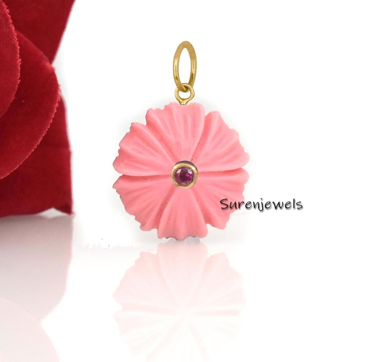 14K Gold Flower Pendant: Gemstone & Ruby CZ Charm - View 2 - Suren Jewels | SKU: SJP4375-SLYGOCRGCZ-25M