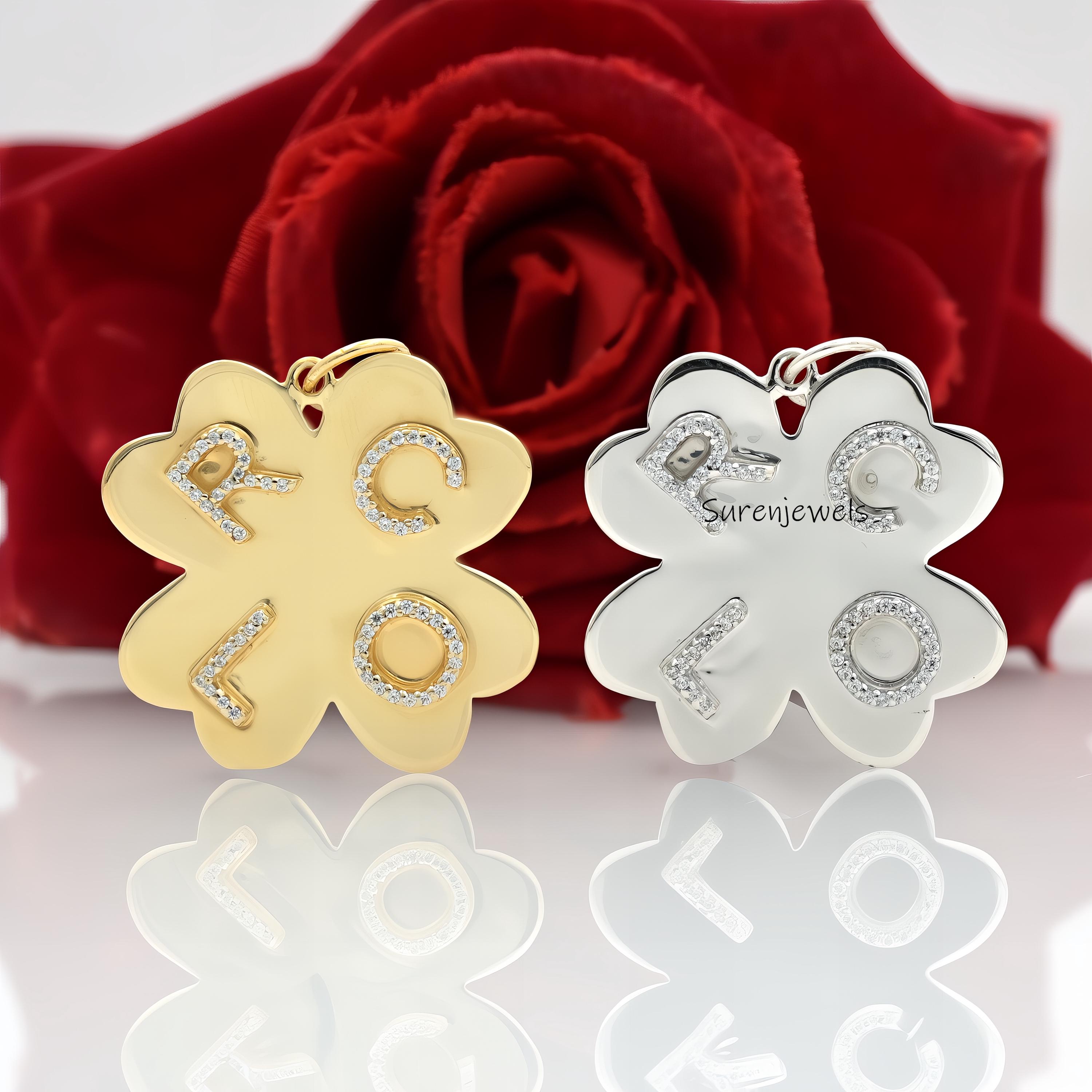 925 Silver Diamond Initial Clover Pendant 4 letter Flower - View 3 - Suren Jewels | SKU: SJP1000