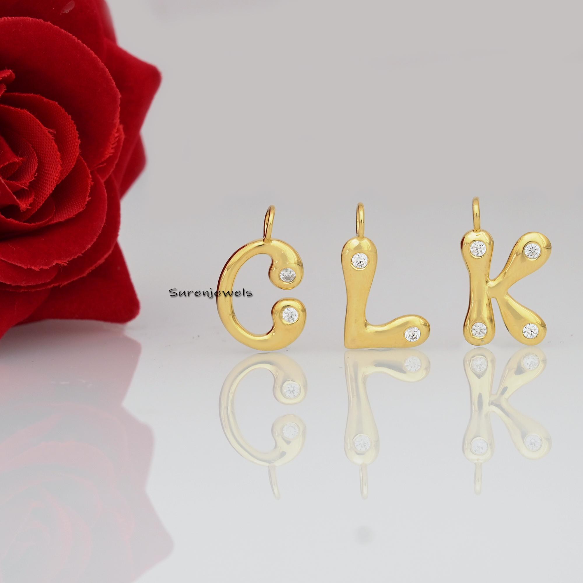 14k Gold Bubble Letter Pendant: White Topaz Initial Charm - Suren Jewels | SKU: SJP1094-SLYGCZ-K