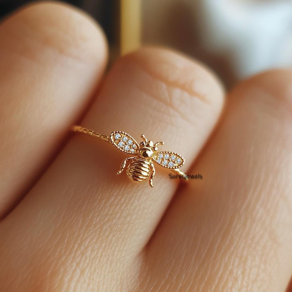 14K Gold Honey Bee Ring: Moissanite Stacking Ring - View 5 - Suren Jewels | SKU: SJR2751-SLYGCZ-US-7,SJR2811-SLYGCZ-US-7,SJR2