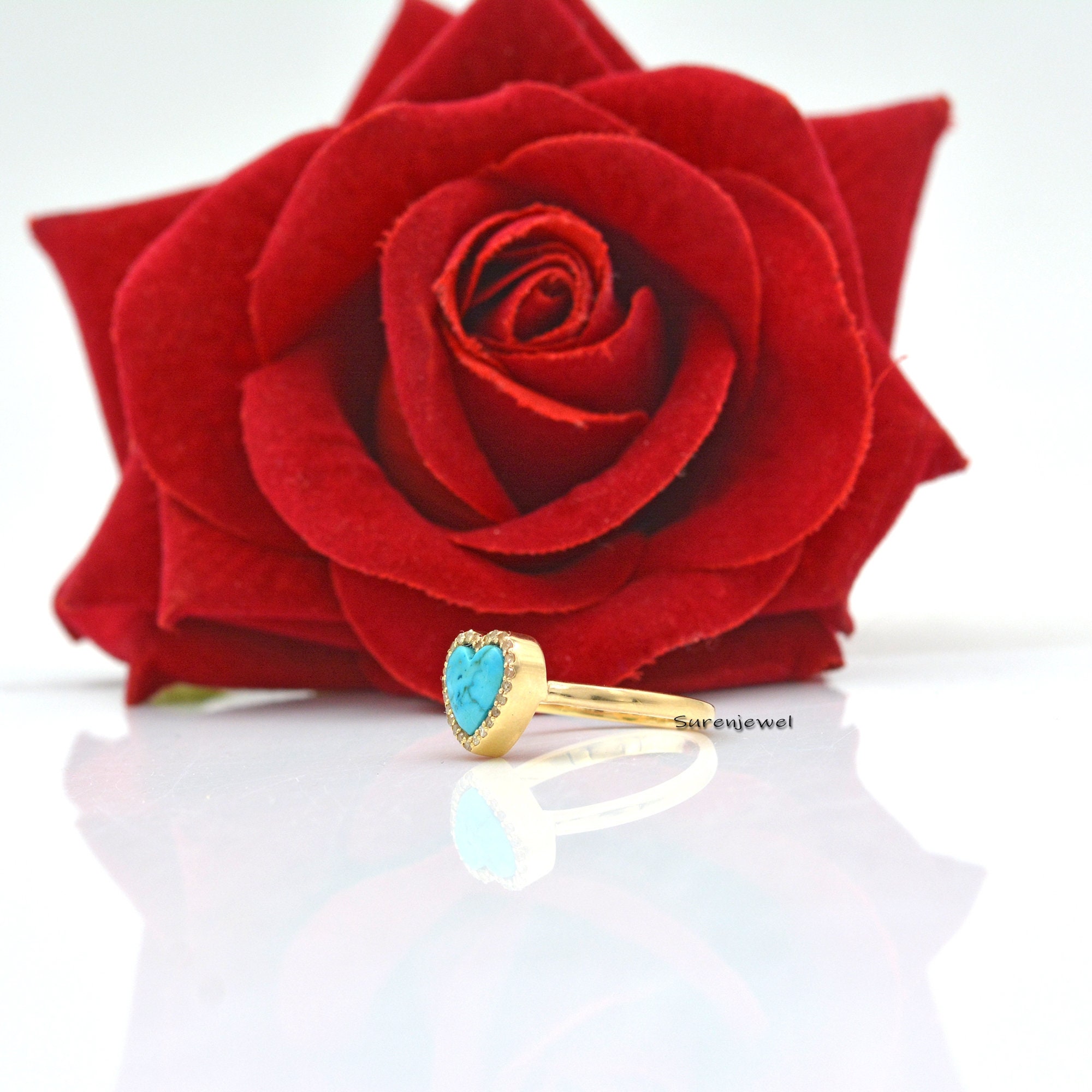 14K Gold Turquoise Heart Ring with Diamond Side Stone - View 2 - Suren Jewels | SKU: SJR838-SLYGDITQ-US-9