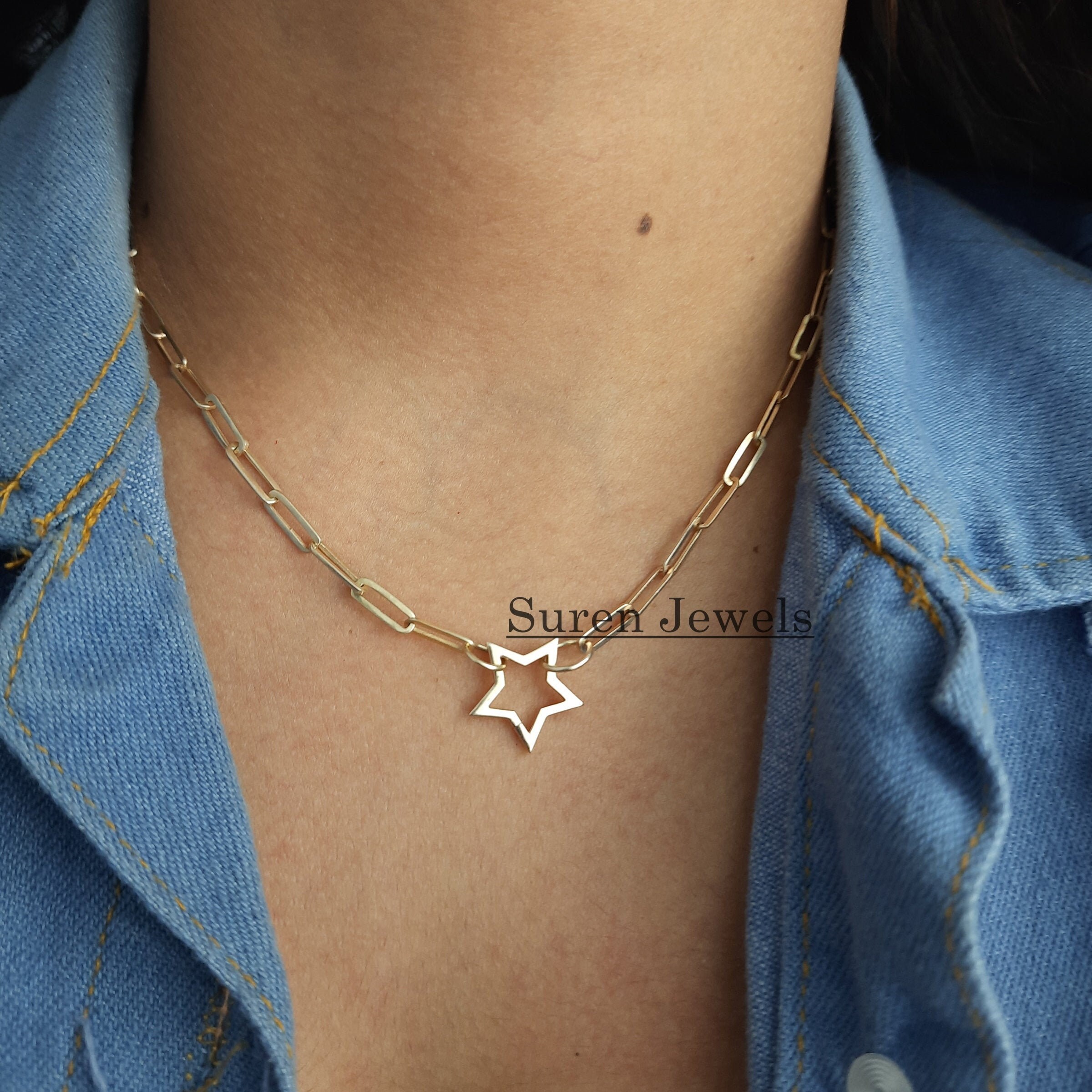 9K Gold Star Charm Holder: Snap Link Enhancer, Necklace - View 3 - Suren Jewels | SKU: SJP451-9KYG-N47-18I