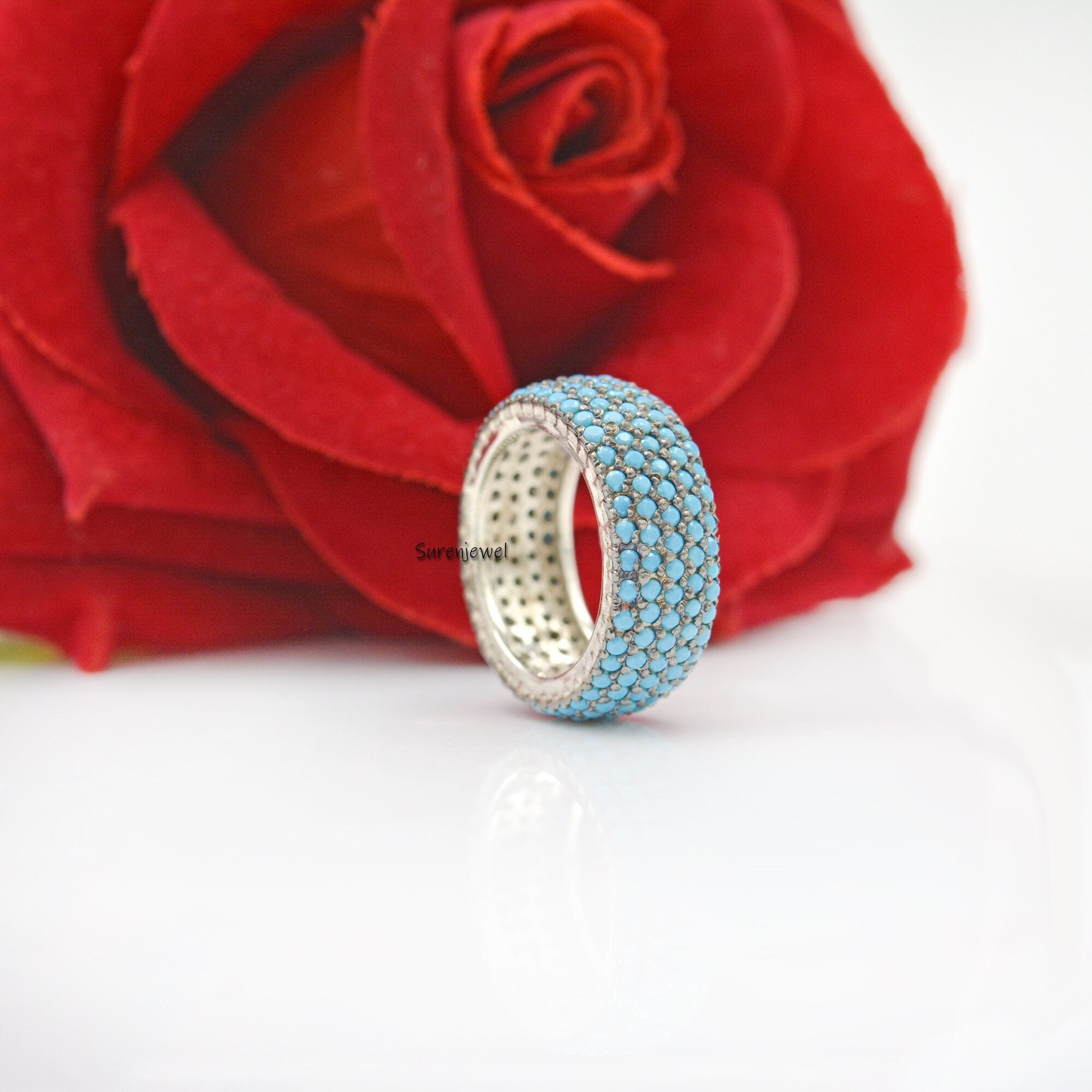 Turkish Turquoise 5 Row Ring, Gemstone Cigar Band - View 6 - Suren Jewels | SKU: SJR801-SLRGRHTQ-US-8