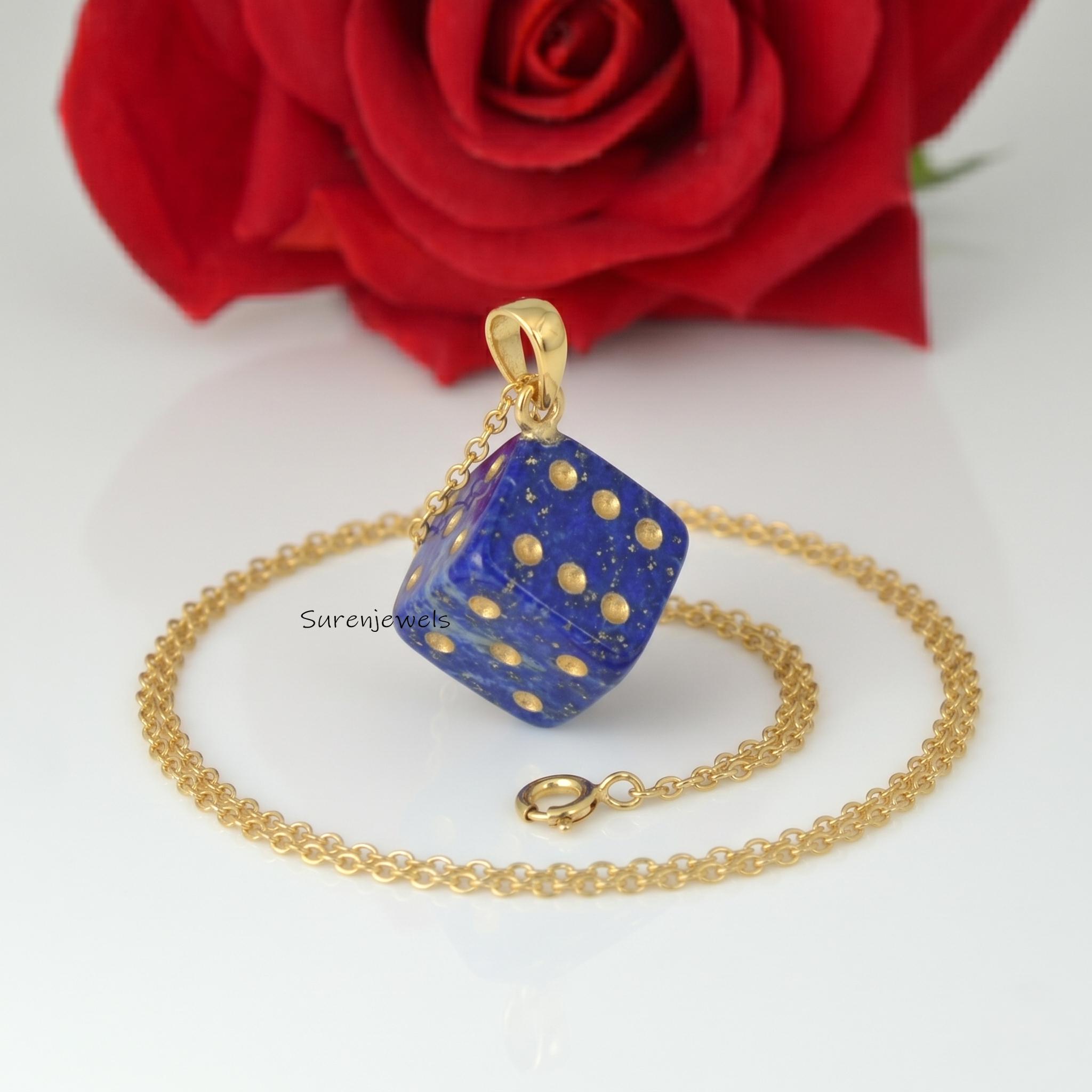 14K Gold Gemstone Dice Pendant, handmade Designer Dice Pendant, Gold Carving Gemstone Dice Pendant, Dice Pendant jewelry - Su