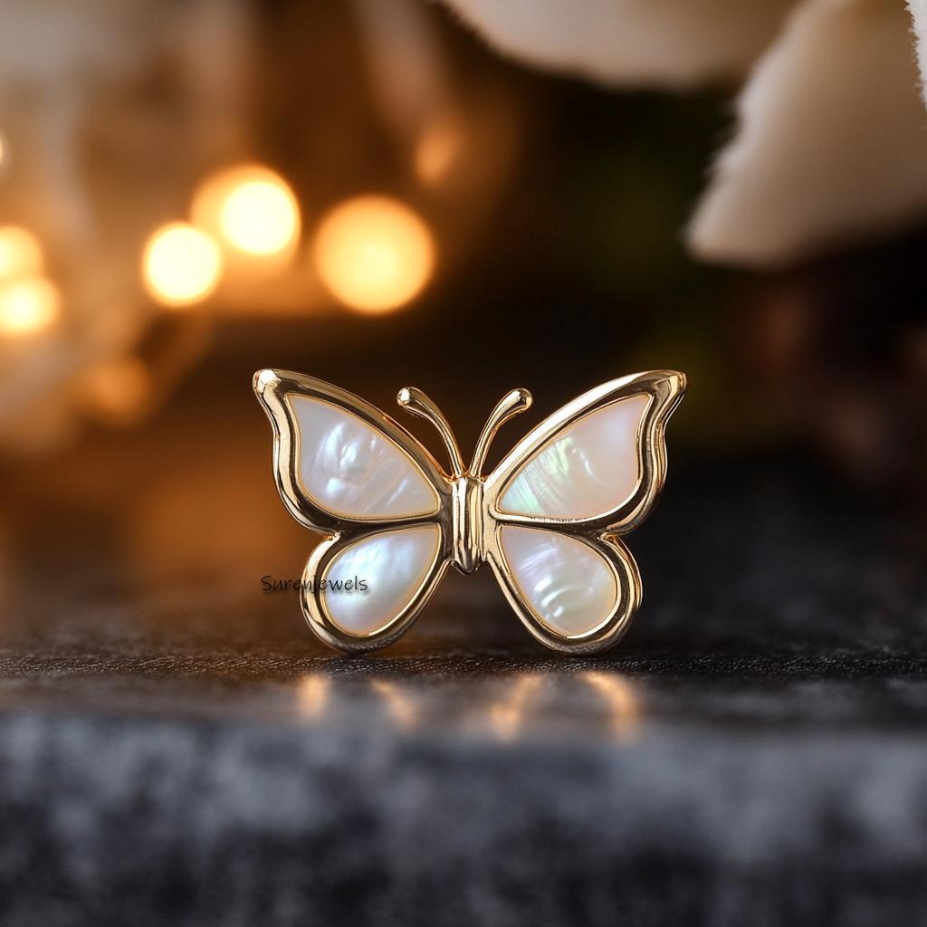 14k Gold Gemstone Butterfly Earrings: Mother of Pearl butterfly Studs - Suren Jewels | SKU: SJE