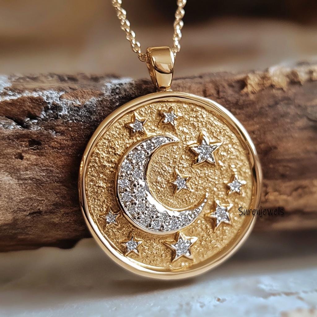 925 Silver Diamond Star Moon Disc Pendant: Celestial Charm - View 2 - Suren Jewels | SKU: SJP4352-SLYGRHNSCZ-25M,SJP