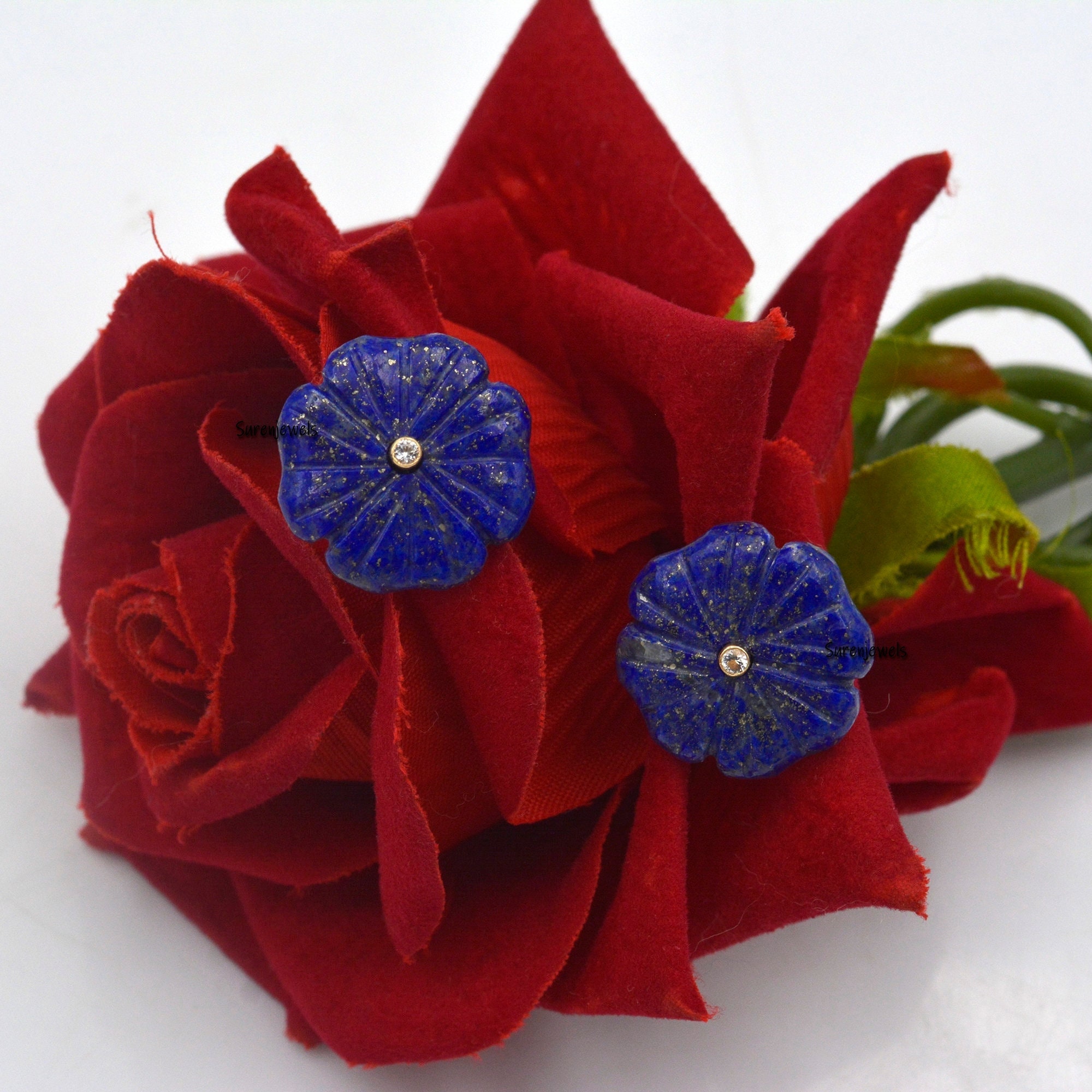 Carved Lapis Lazuli Flower Stud Earrings: Vintage Gemstone Dangle - View 4 - Suren Jewels | SKU: SJE963-14KYGAZWT-20M