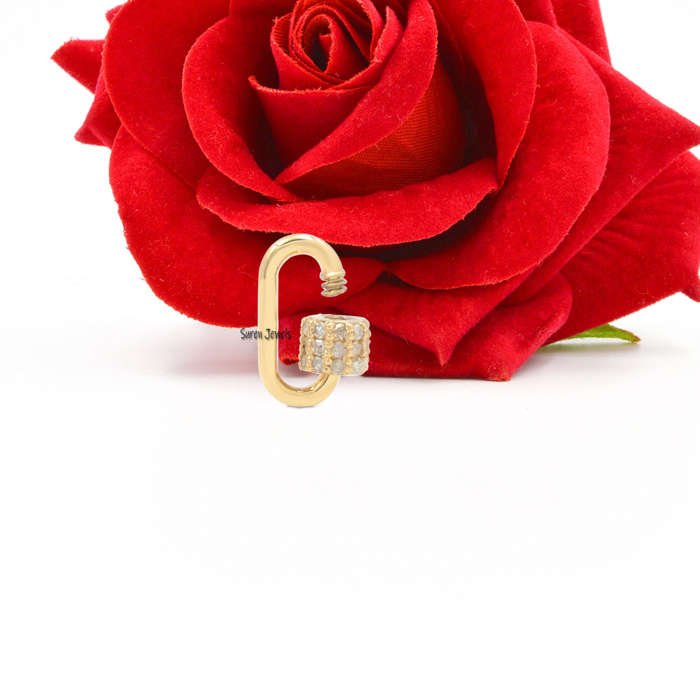 9K Gold Diamond Carabiner Lock: Solid Gold Pave Jewelry - View 3 - Suren Jewels | SKU: SJC131-9KYGDI-18M