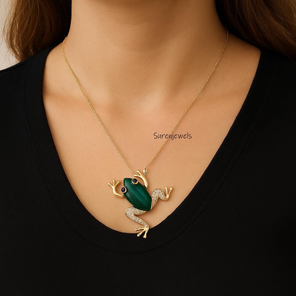 14K Gold Malachite Frog Pendant: Hand Carved Animal Jewelry - View 2 - Suren Jewels | SKU: SJP1415-SLYGMKBKCZWCZ