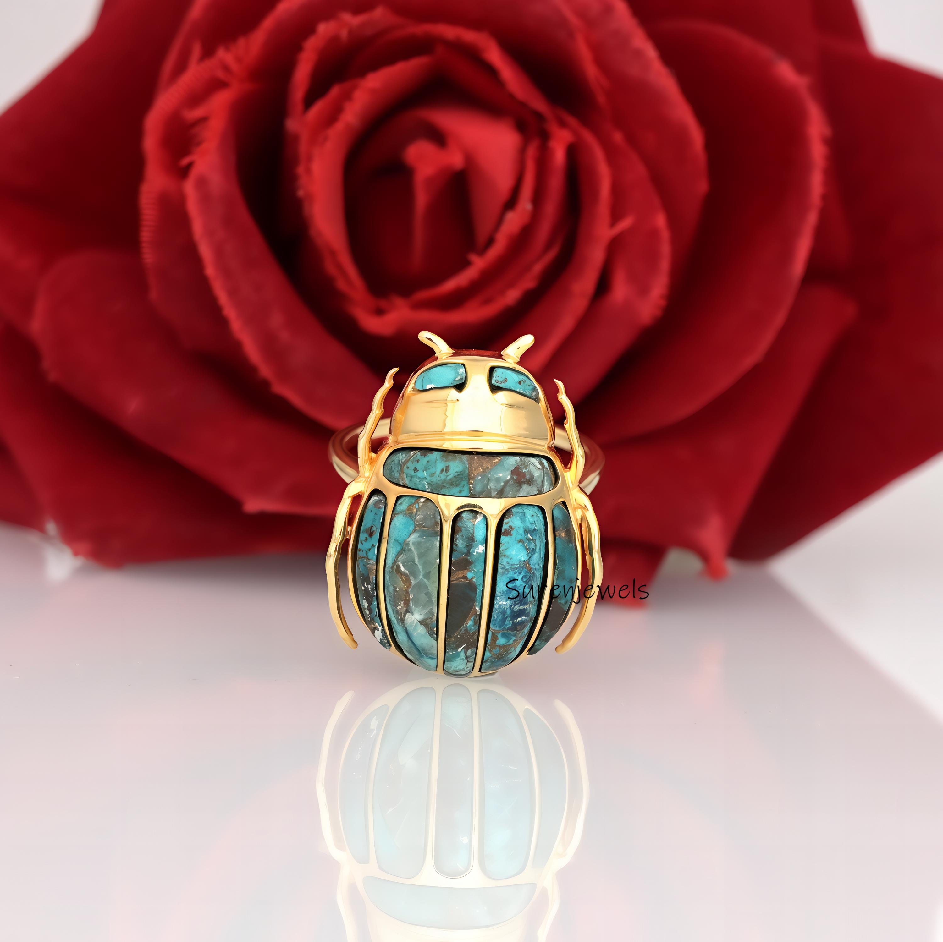 14K Gold Gemstone Scarab Ring: Hand Carved Amulet - View 2 - Suren Jewels | SKU: SJR2797-SLYGTQBCZ-US-6,SJR2796-SLYGTQ-US-8,S