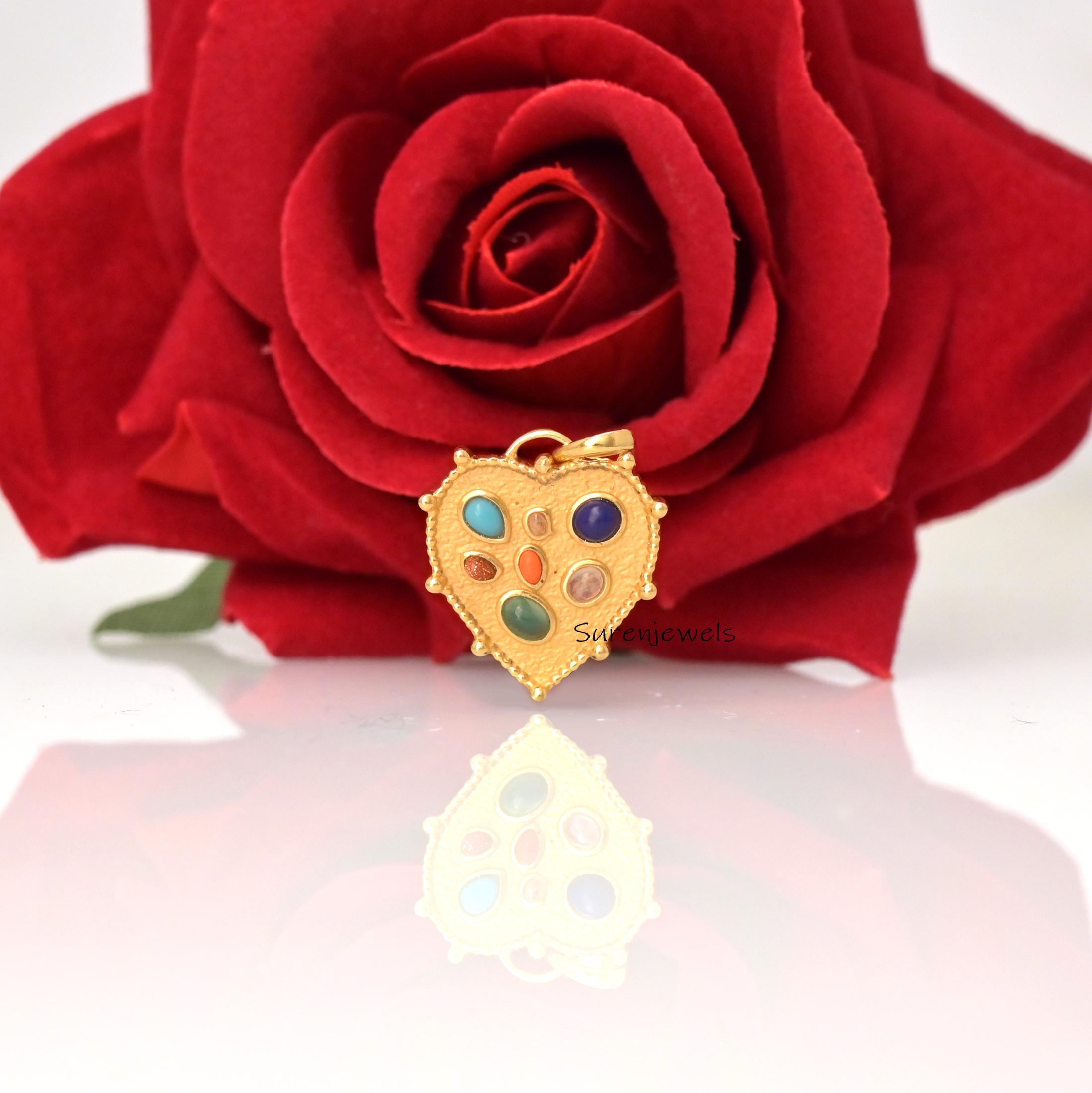 14k Gold Multi Gemstone Heart Pendant: Dainty Handmade Design - View 2 - Suren Jewels | SKU: SJP5046-