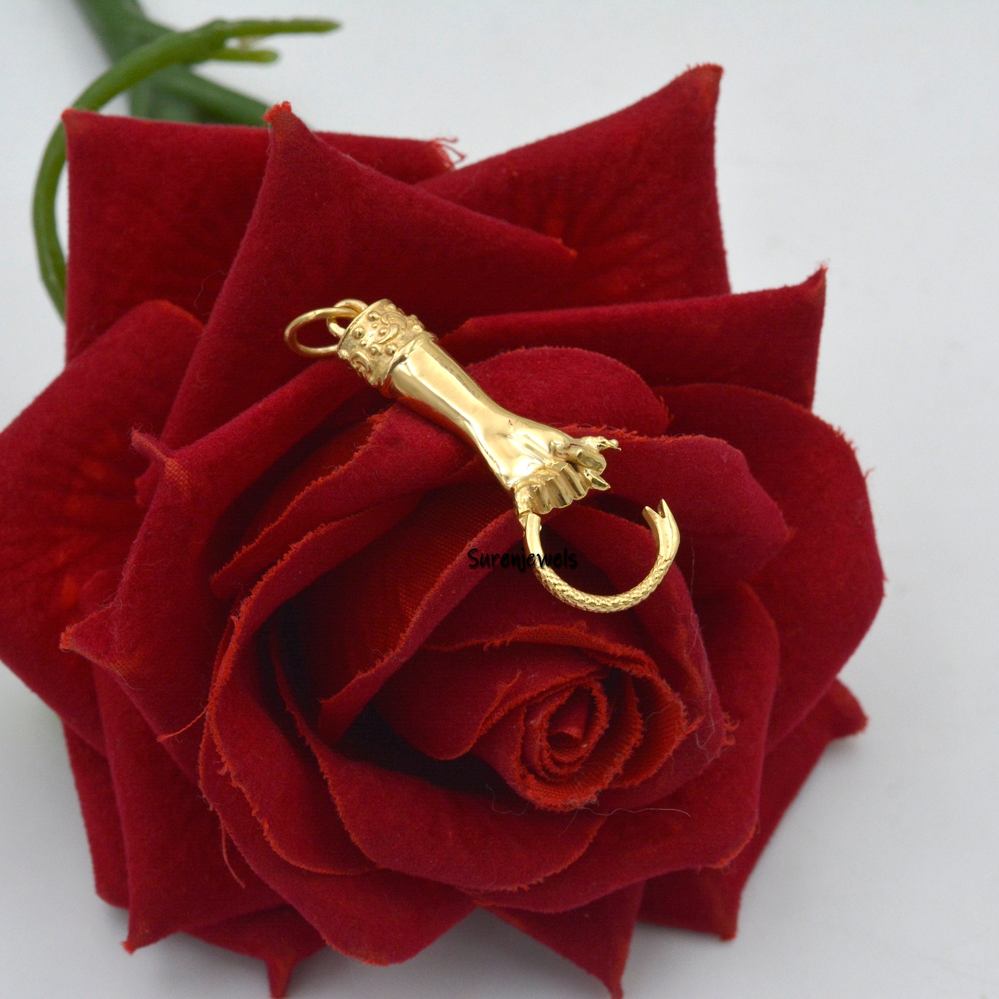 14k Gold Helping Hand Charm Holder: Figa Hand Pendant Connector - View 2 - Suren Jewels | SKU: SJP1119-SLYGBSP
