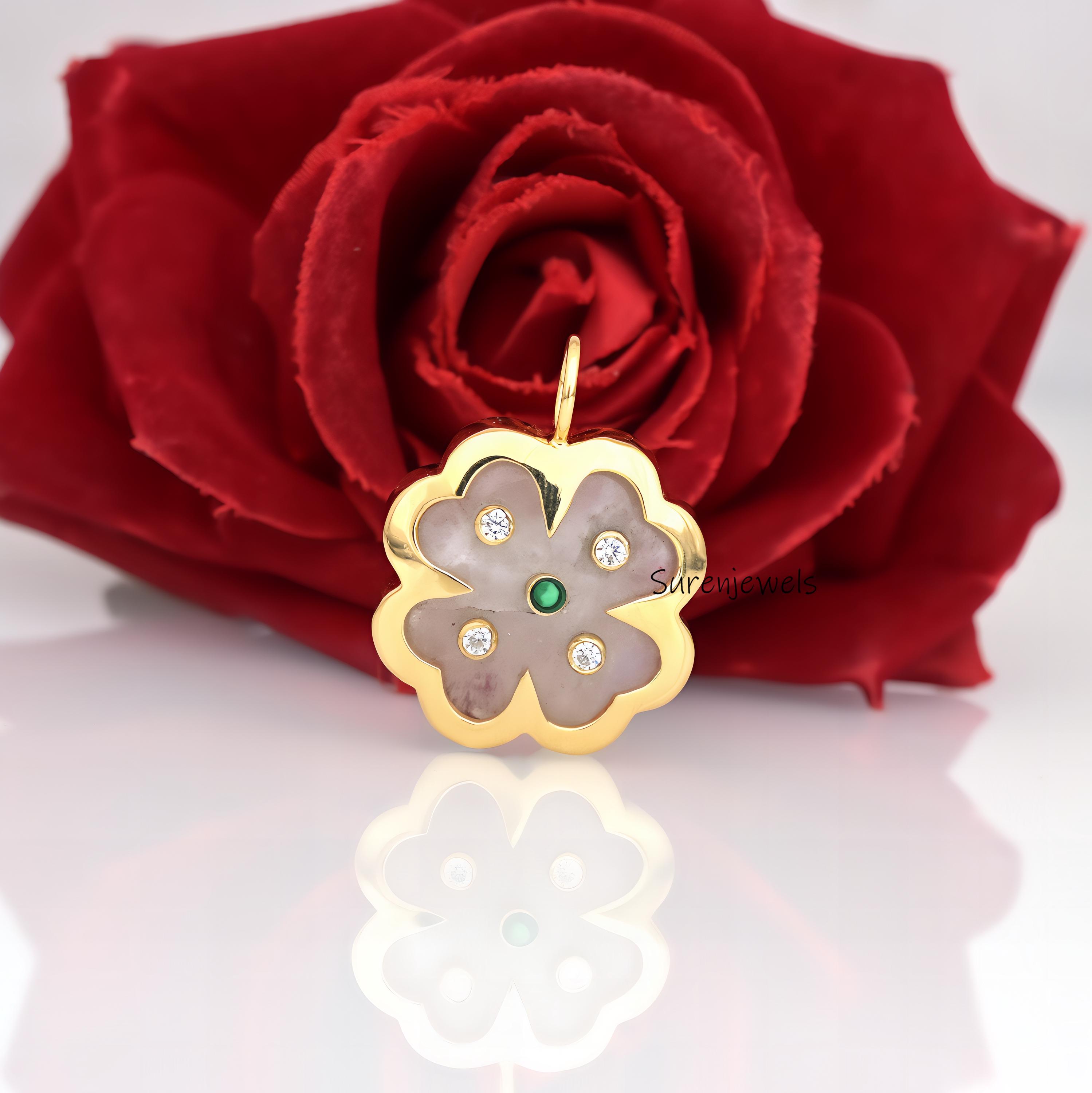 14K Gold Gemstone Clover Pendant: Four Leaf Clover Jewelry - View 6 - Suren Jewels | SKU: SJP1688