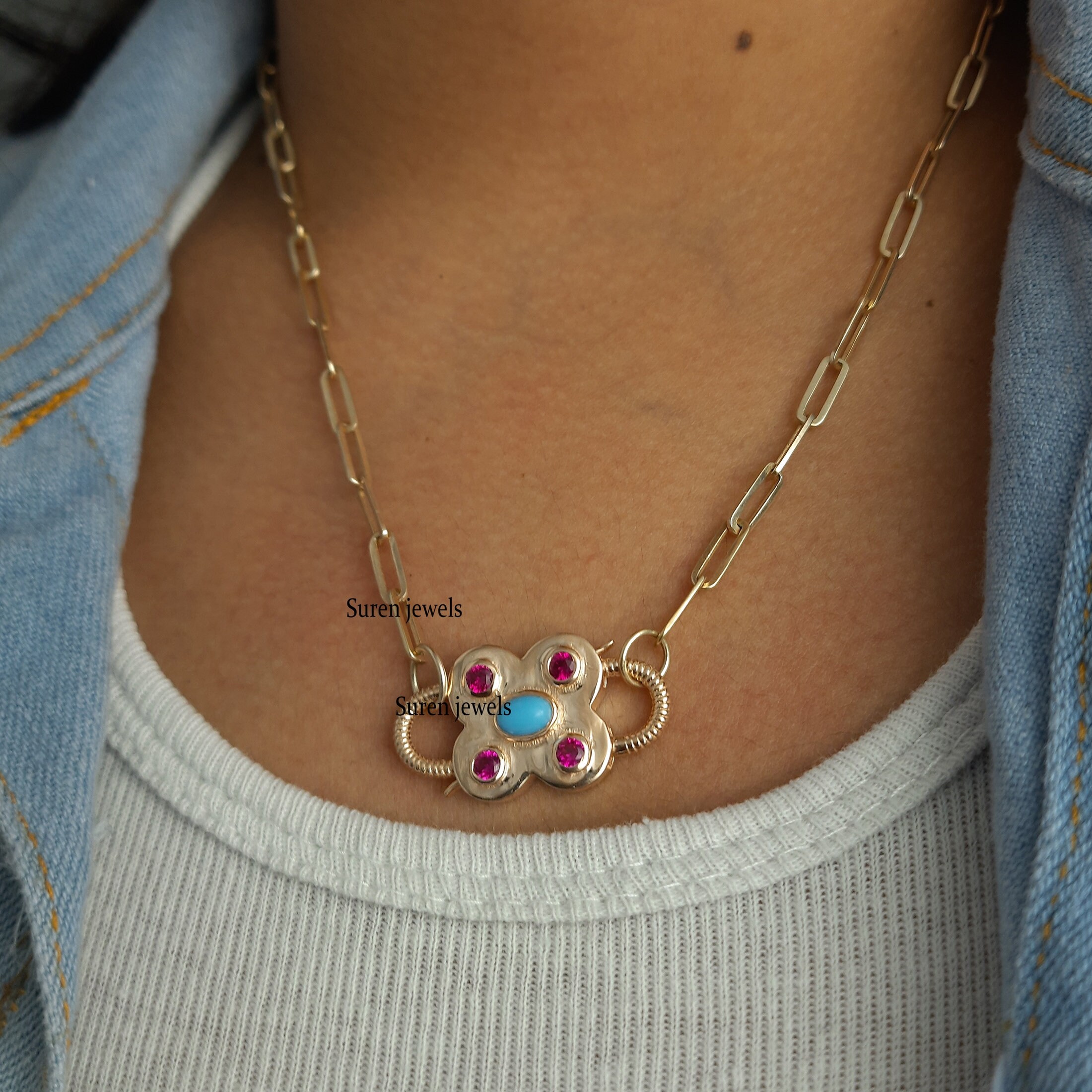 Handmade 14k Gold Plated Turquoise Padlock Pendant: Openable Jewelry - View 7 - Suren Jewels | SKU: SJP65-SLYGTQPO-N47-18I-92