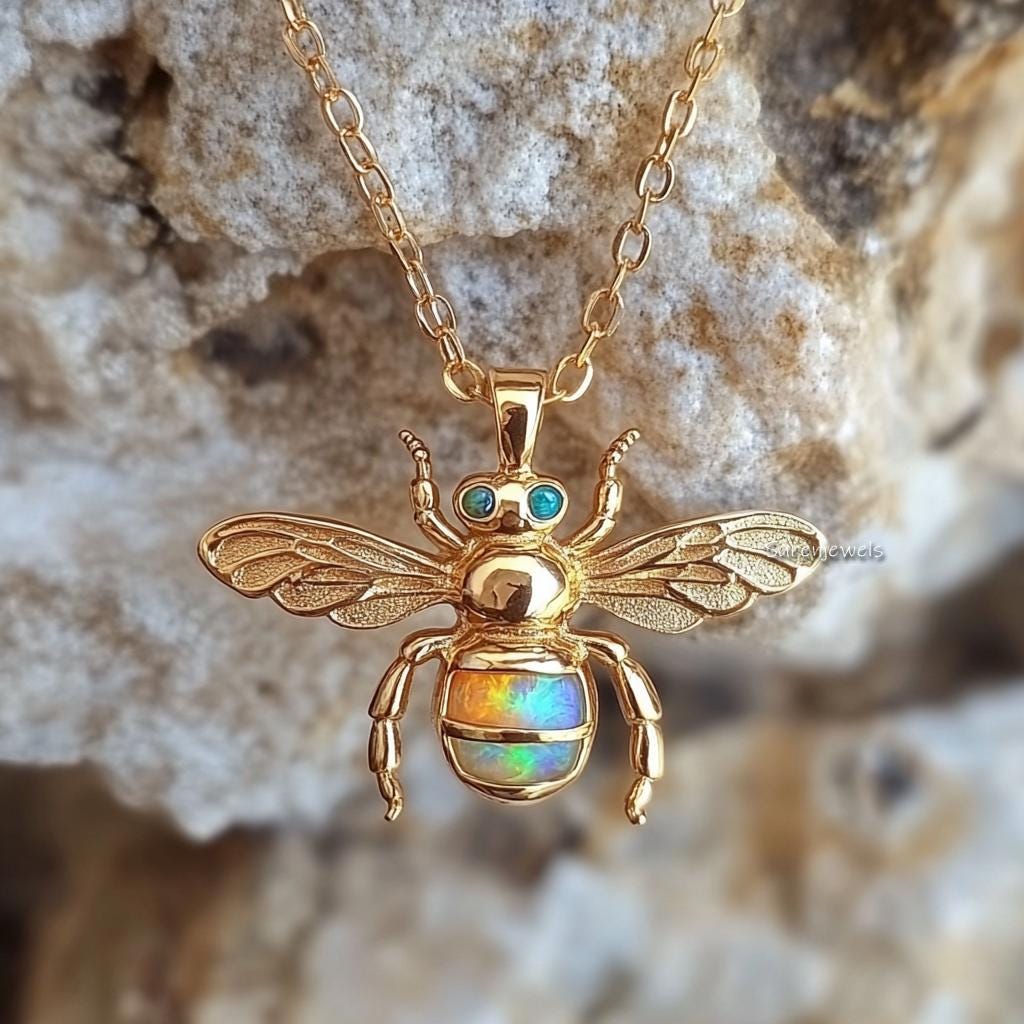 14k Gold Opal Honey Bee Pendant: Dainty Gemstone Bee Charm - View 5 - Suren Jewels | SKU: SJP4623-SLYGOPCZ-25M,SJP4496-SLNSEO