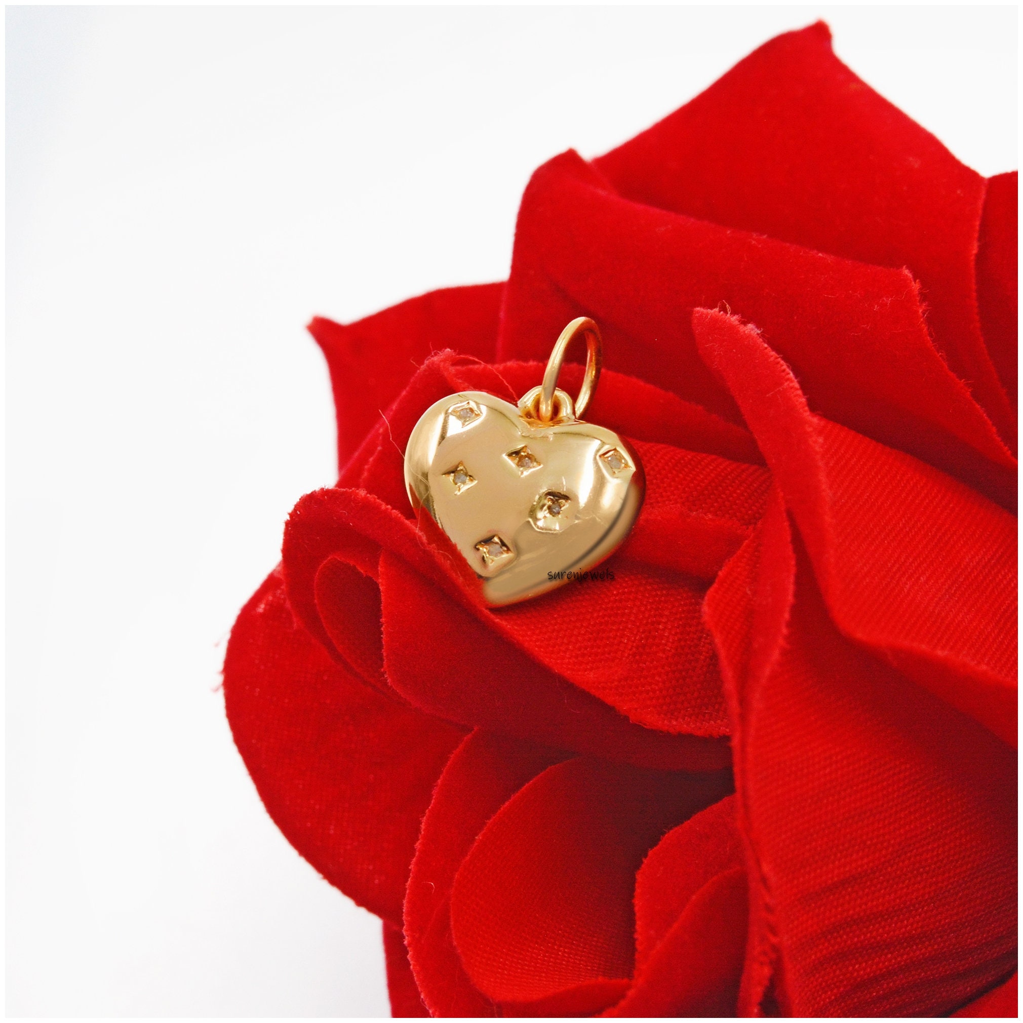 14K Gold Mini Puffy Heart Pendant: Diamond Charm - View 2 - Suren Jewels | SKU: SJP1294