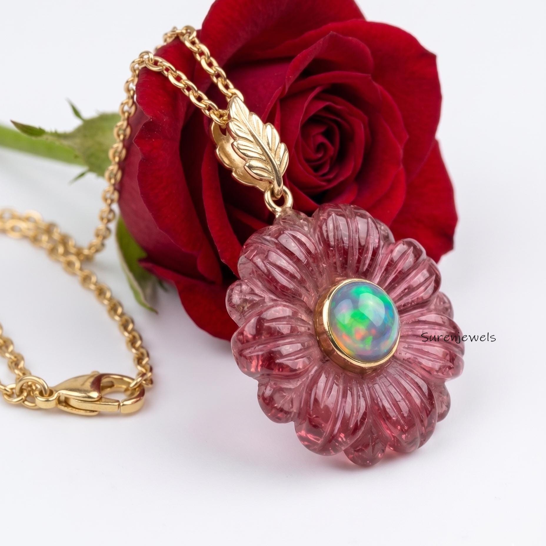 14k Gold Gemstone Flower Pendant, All Gemstone Designer Flower Charm, Quartz Flower Pendant, Unique Flower Pendant, Turquoise